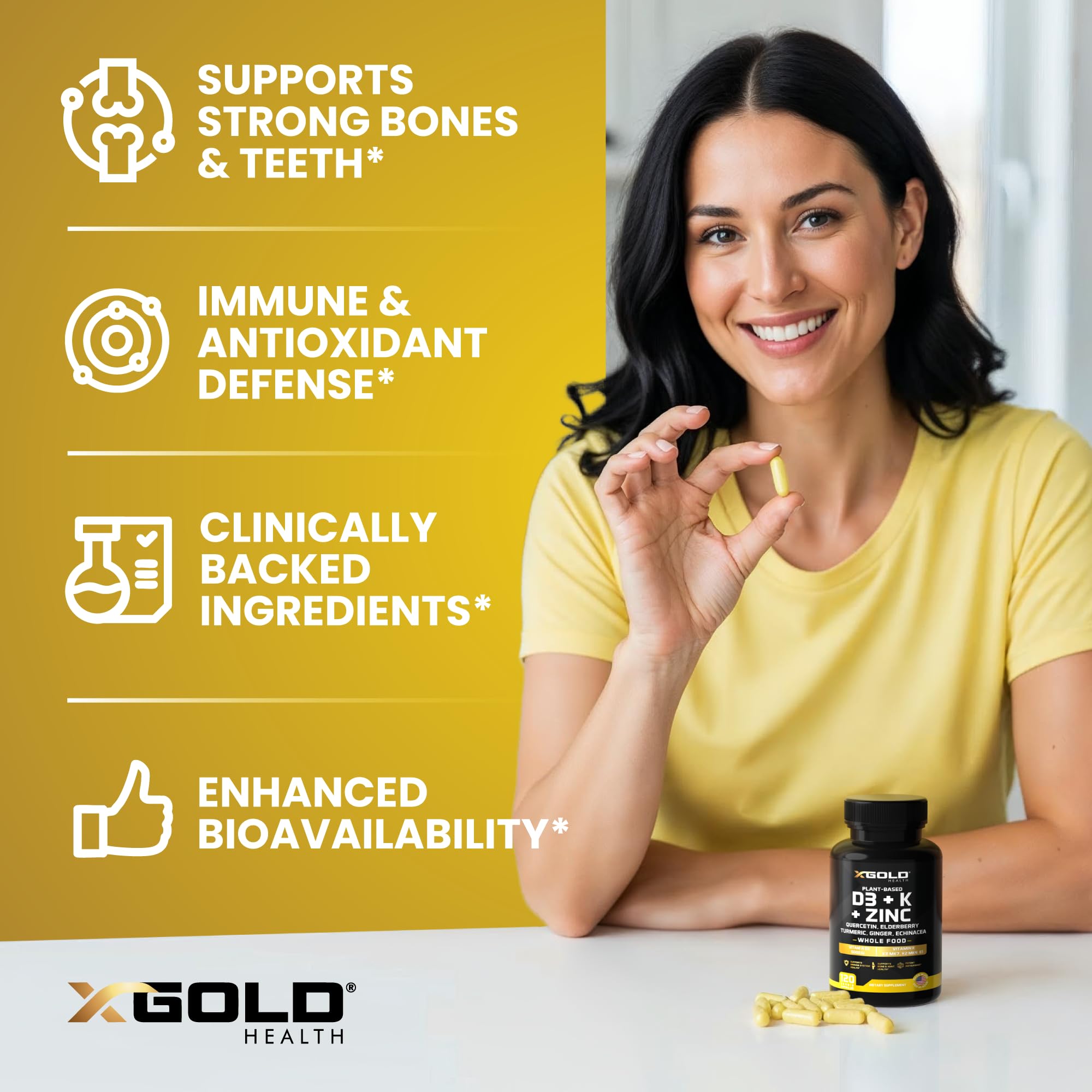 Vitamin D, K2, K1, Zinc, Quercetin, Elderberry, Turmeric, Ginger & Echinacea Whole Food Supplement 8 in 1- D3 5000 IU Plant-Based from Lichen, Vitamin K (K2 MK7, MK4, K1) X Gold Health buy supplements canada