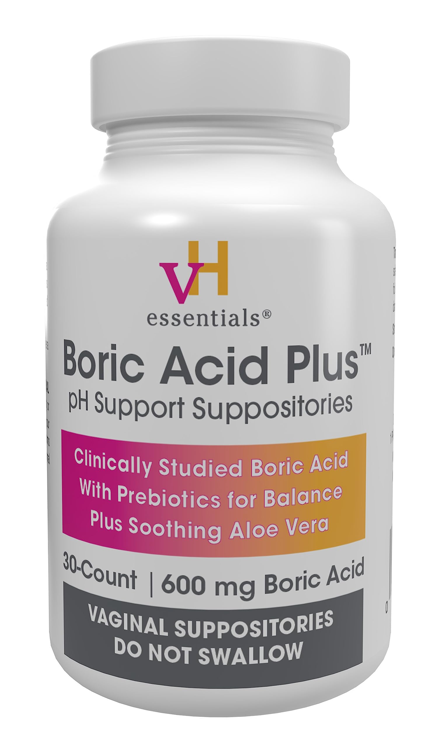 vH Essentials Boric Acid Plus Vaginal Suppositories, Prebiotic Infused with Soothing Aloe Vera, pH Support Formula Fights Odor and Promotes Freshness, 600mg Boric Acid, 30 Count vH essentials buy supplements canada