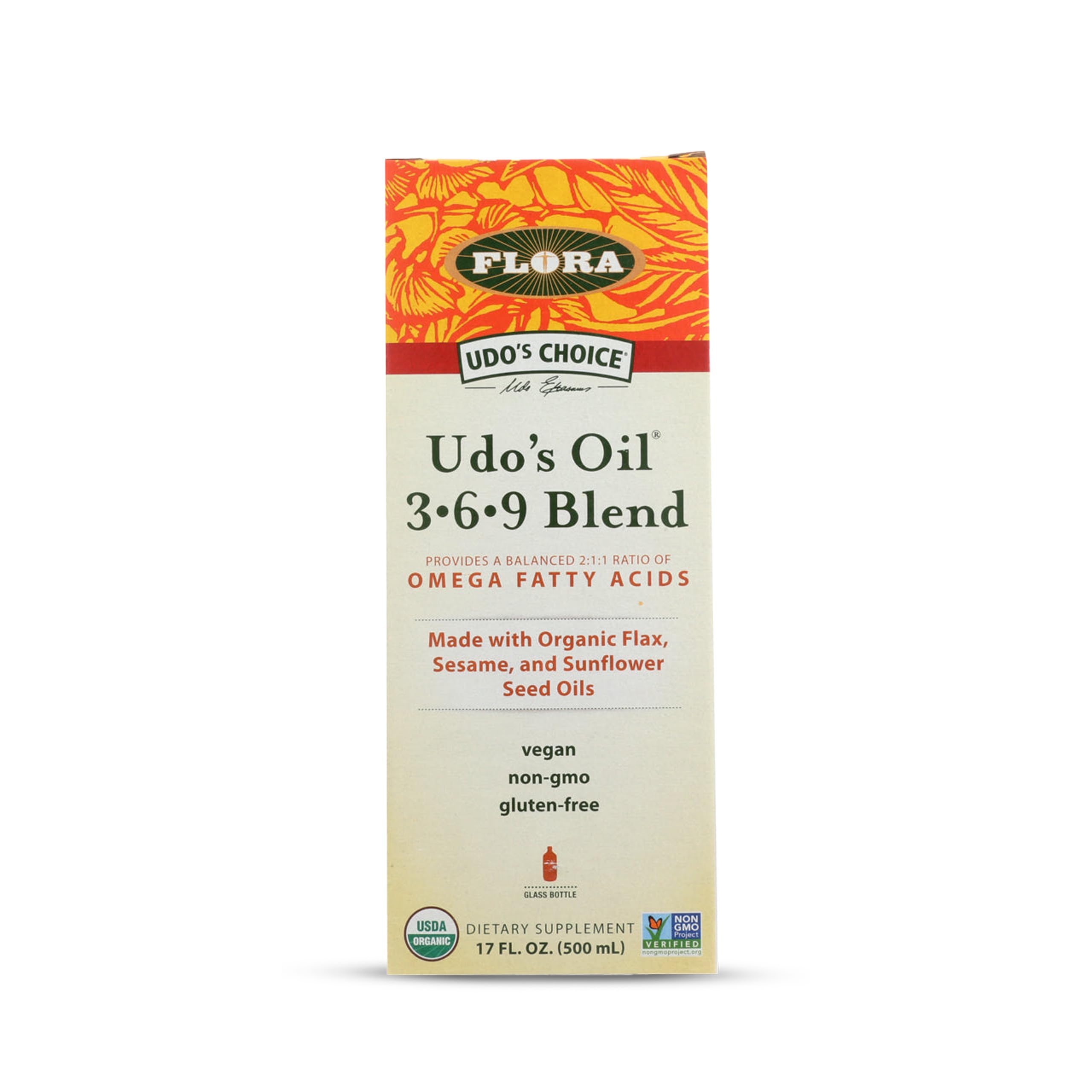 Flora - Udo's Choice Omega 369 Oil Blend, Made with Organic Flax, Sesame & Sunflower Seed Oils, Plant-Based Vegan Omega Fatty Acids, Based on Ideal 2:1:1 Ratio, 17-fl, oz. Glass Bottle Flora buy supplements canada