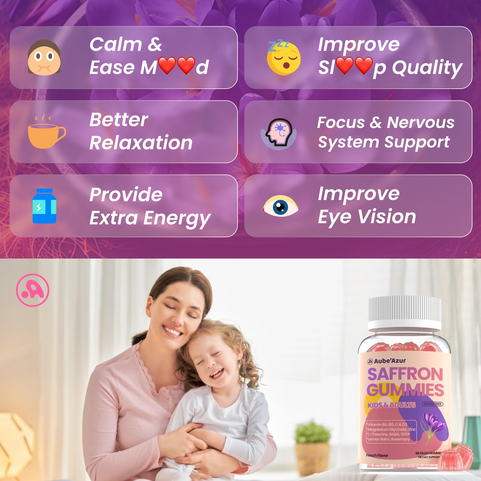 Saffron Gummies for Kids Adults 88.5mg, 15-in-1 Saffron Supplements for Kids, with B6, B12, C, D3, Magnesium Glycinate, Zinc for Nerve, Rest, Focus, Sugar Free, Vegan, Non- GMO, Peach Flavor, 60 Count Aube'Azur buy supplements canada