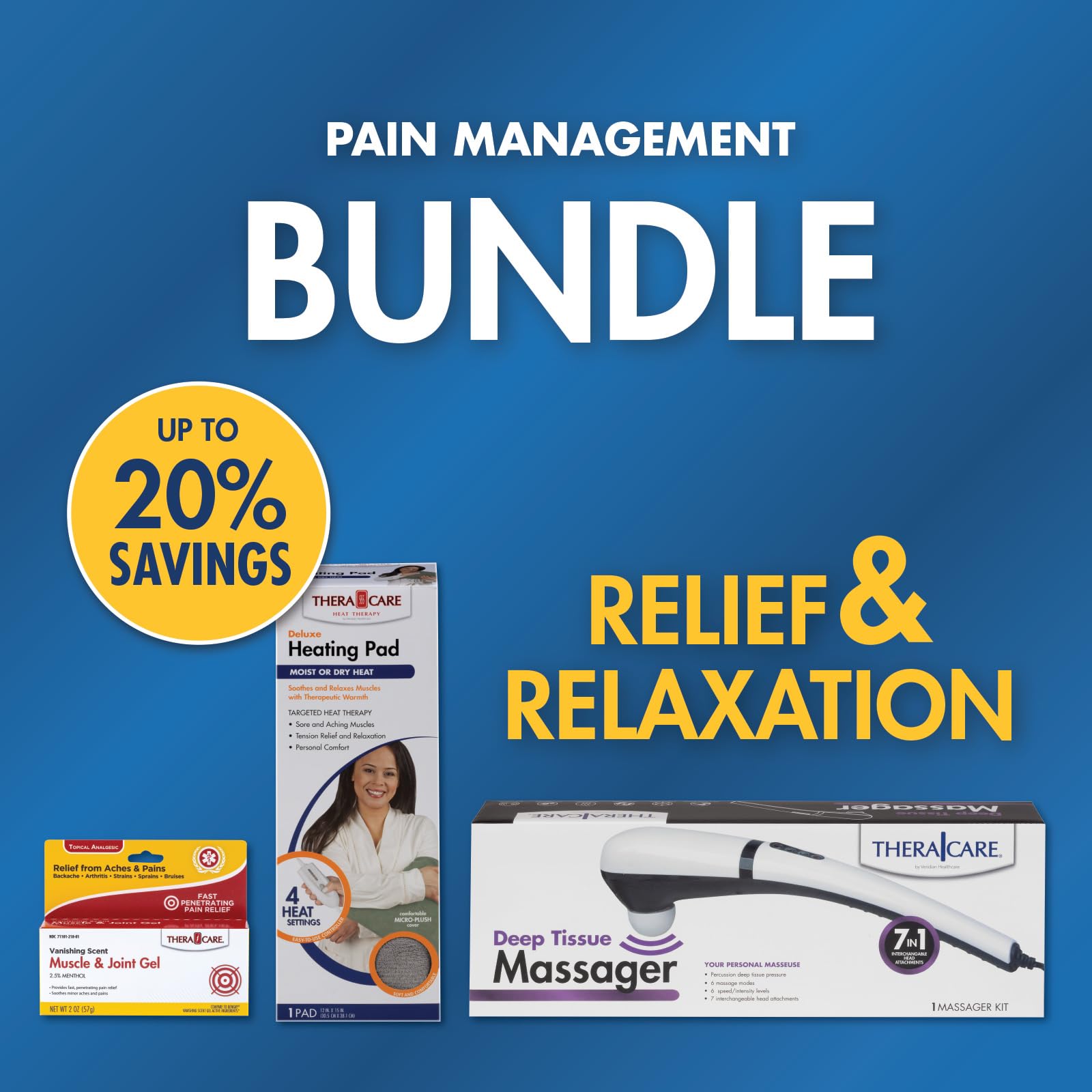 Pain Management Bundle 3-Piece | Personal Deep Tissue Massager | Muscle & Joint Pain Relief Gel | Deluxe Moist Dry Heating Pad | Therapeutic Care at Home | Whole Family Care Thera Care buy supplements canada