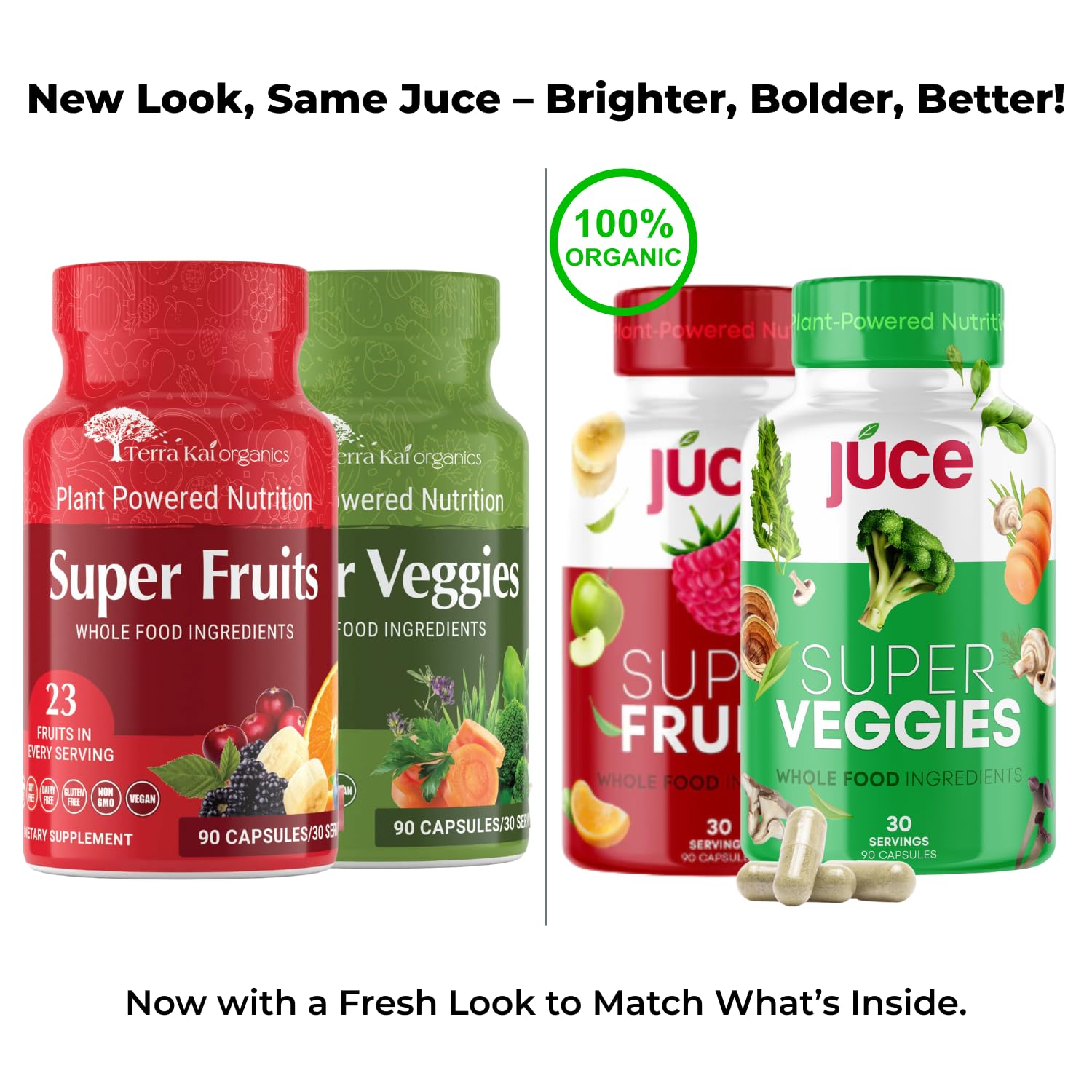 Juce Original Formula - Organic Super Fruit & Veggies Supplement - Gluten/Gelatin Free, Soy Free & Vegan- Reds & Greens Superfood Capsules- 23 Fruits & 23 Vegetables (180 Count)- By Terra Kai Organics Terra Kai Organics buy supplements canada