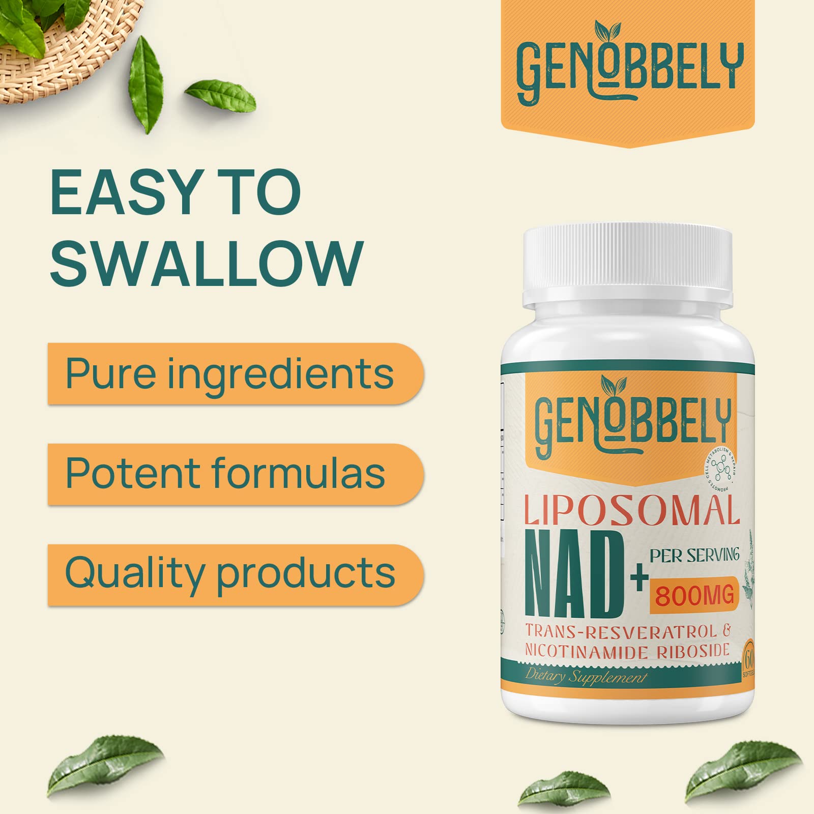 GENOBBELY 800 mg Liposomal NAD+ Supplement with Nicotinamide Riboside 200 mg, Trans-Resveratrol 100 mg - True NAD Supplement for DNA Repair, Healthy Aging, Brain Function - 60-Day Supply GENOBBELY buy supplements canada