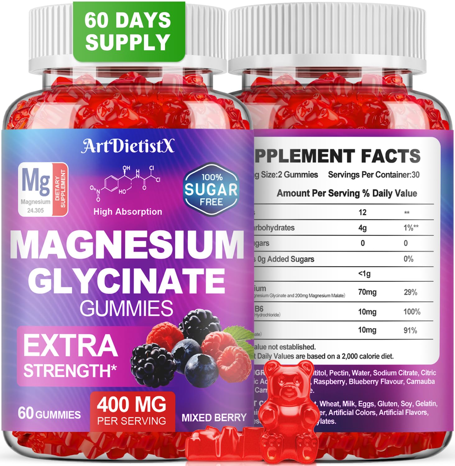 Magnesium Glycinate Gummies 400mg, Sugar Free Mаgnеsium Gummiеs for Adults with Magnesium Malate, Zinc, and Vitamin B6 for Sleep, Body Support and Relaxation, Non GMO, 60 Count-Multi-Flavor ArtDietistX buy supplements canada
