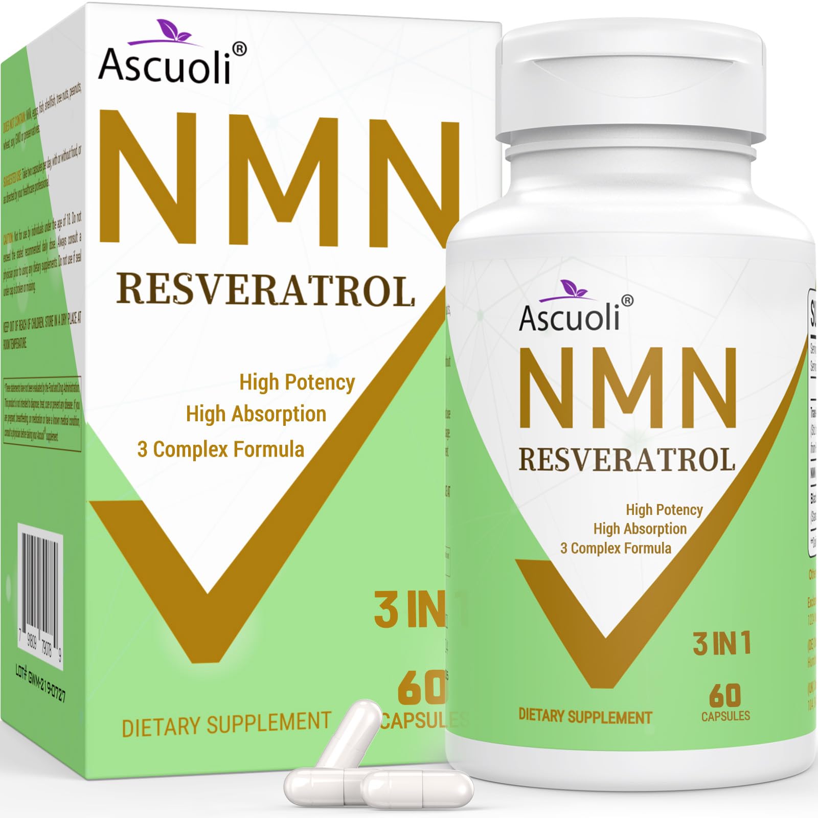 99% Ultra Purity NMN 500mg + Trans-Resveratrol 600mg, 1150mg NMN Resveratrol Supplement, 3-in-1 Advanced Formula for Boost* NAD, Cell, Immune, Energy & Muscle, Healthy Aging, Stabilized Form - 60 Caps Ascuoli buy supplements canada