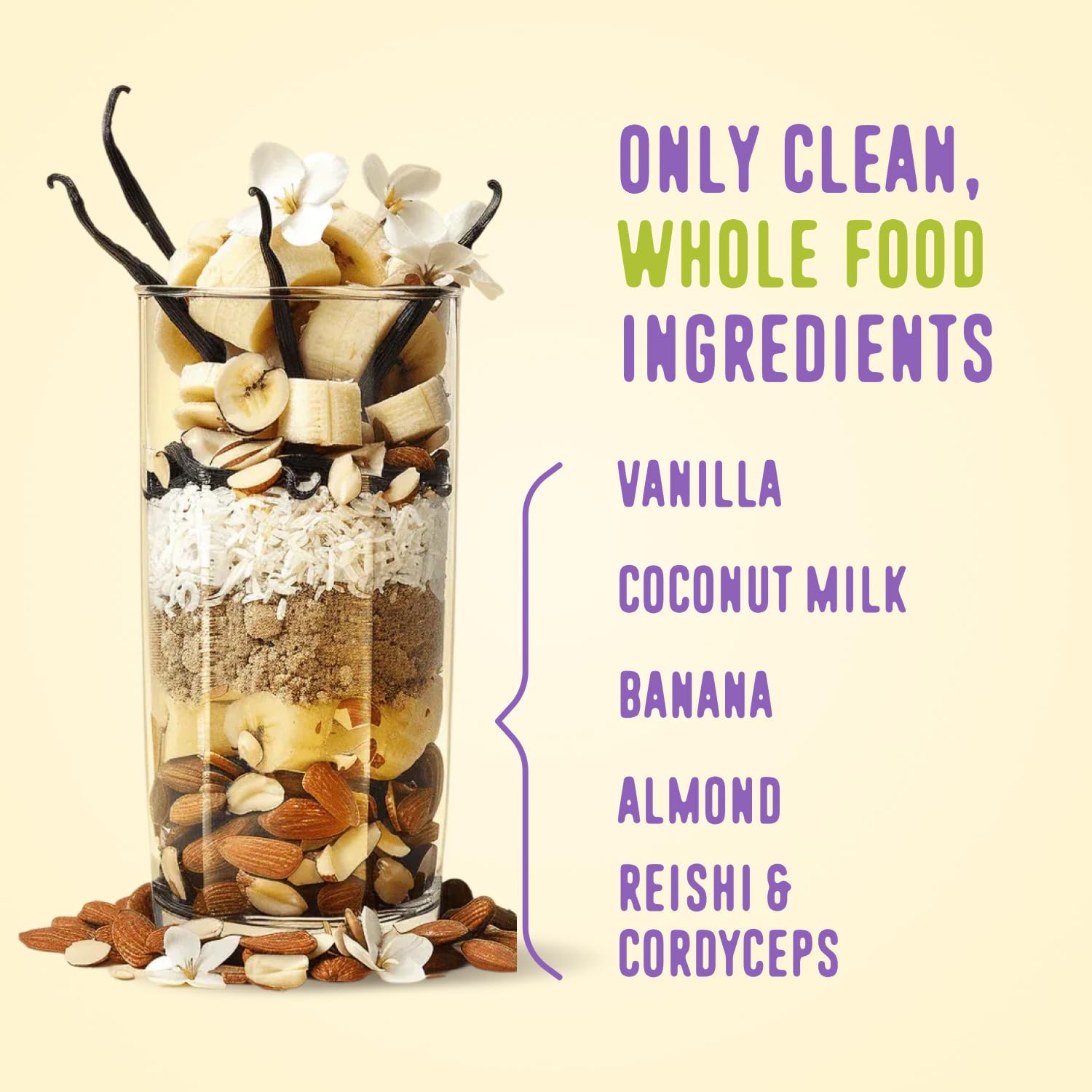 FlavCity Vegan Almond Protein Shake Powder, Vanilla Cream + Reishi & Cordyceps Mushrooms - Focus, Skin, Hair & Joint Support - Organic Fruit All in One Smoothie On-the-Go, 20 Servings FlavCity buy supplements canada
