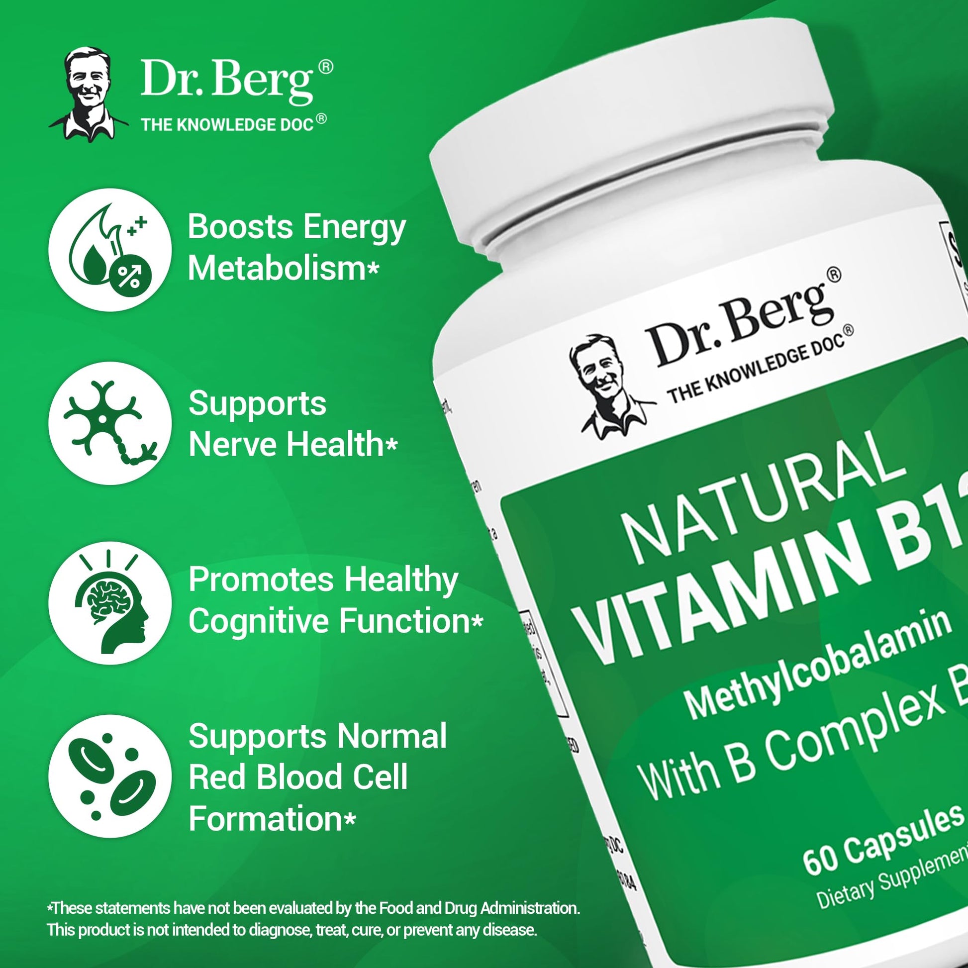 Dr. Berg Natural Vitamin B12 1000 mcg with B Complex Blend - Methylcobalamin B12 for Energy, Nerve Health, and Cognitive Function* - Methylated B12 with Folate - 60 Capsules (2-Month Supply) Dr. Berg Nutritionals buy supplements canada