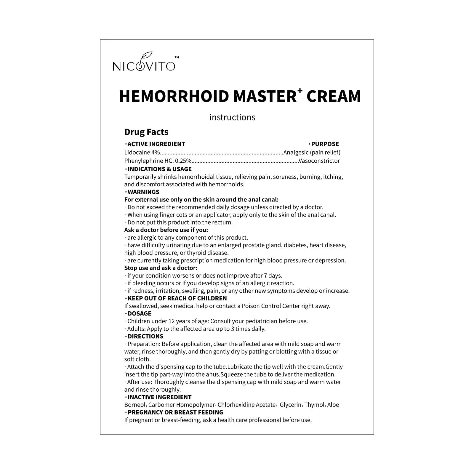 NICOVITO Hemorrhoid & Fissure Treatment Cream, 4% Lidocaine & Phenylephrine HCl Ointment, Maximum Strength Fast Relief for Pain, Itching & Swelling, External Use (0.7 oz) NICOVITO buy supplements canada