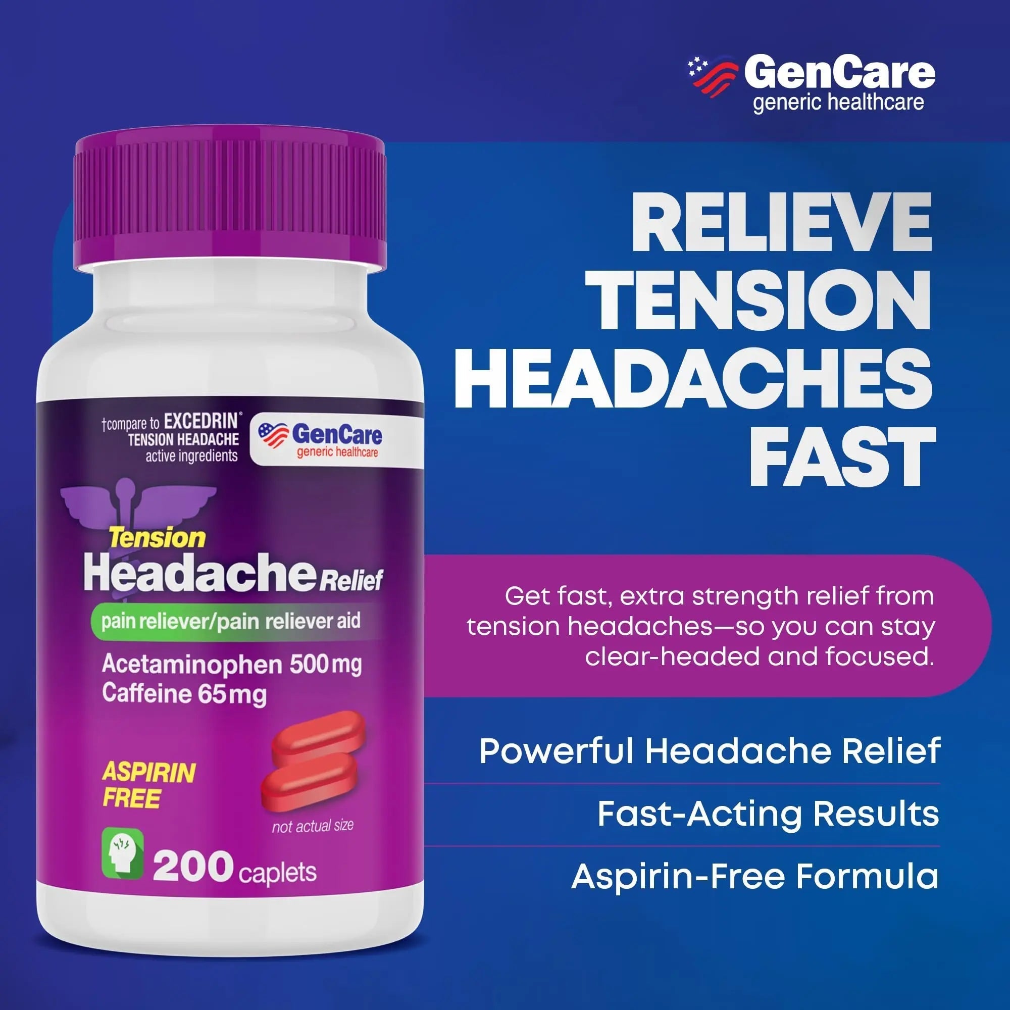 GenCare - Tension Headache Relief Pain Reliever with Acetaminophen 500 mg & Caffeine 65 mg (200 Caplets) Best Value Bulk Extra Strength for Head, Migraine, Joint Pain & Body Ache Relief Medicine GenCare buy supplements canada