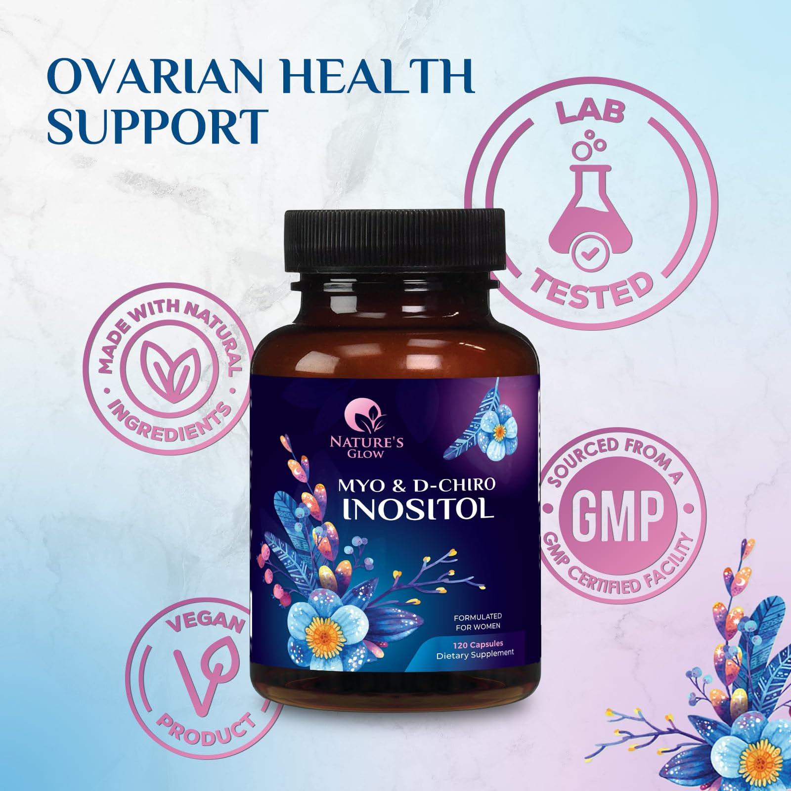 Myo-Inositol & D-Chiro Inositol 1025mg - 40:1 Ideal Ratio for Ovarian Support, Vegan Myo & D Chiro Supplement for Women's Natural Balance and Hormone Support, Vitamin B8, Non-GMO - 120 Capsules Nature's Glow buy supplements canada