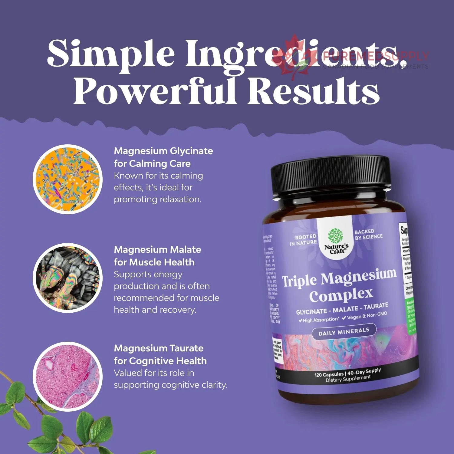 Triple Magnesium Complex Supplement - High Absorption Magnesium Glycinate, Malate & Taurate Blend for Muscles, Energy Support & Heart Health - Triple Mg Complex 400 mg Capsules - 120 Count Natures Craft buy supplements canada
