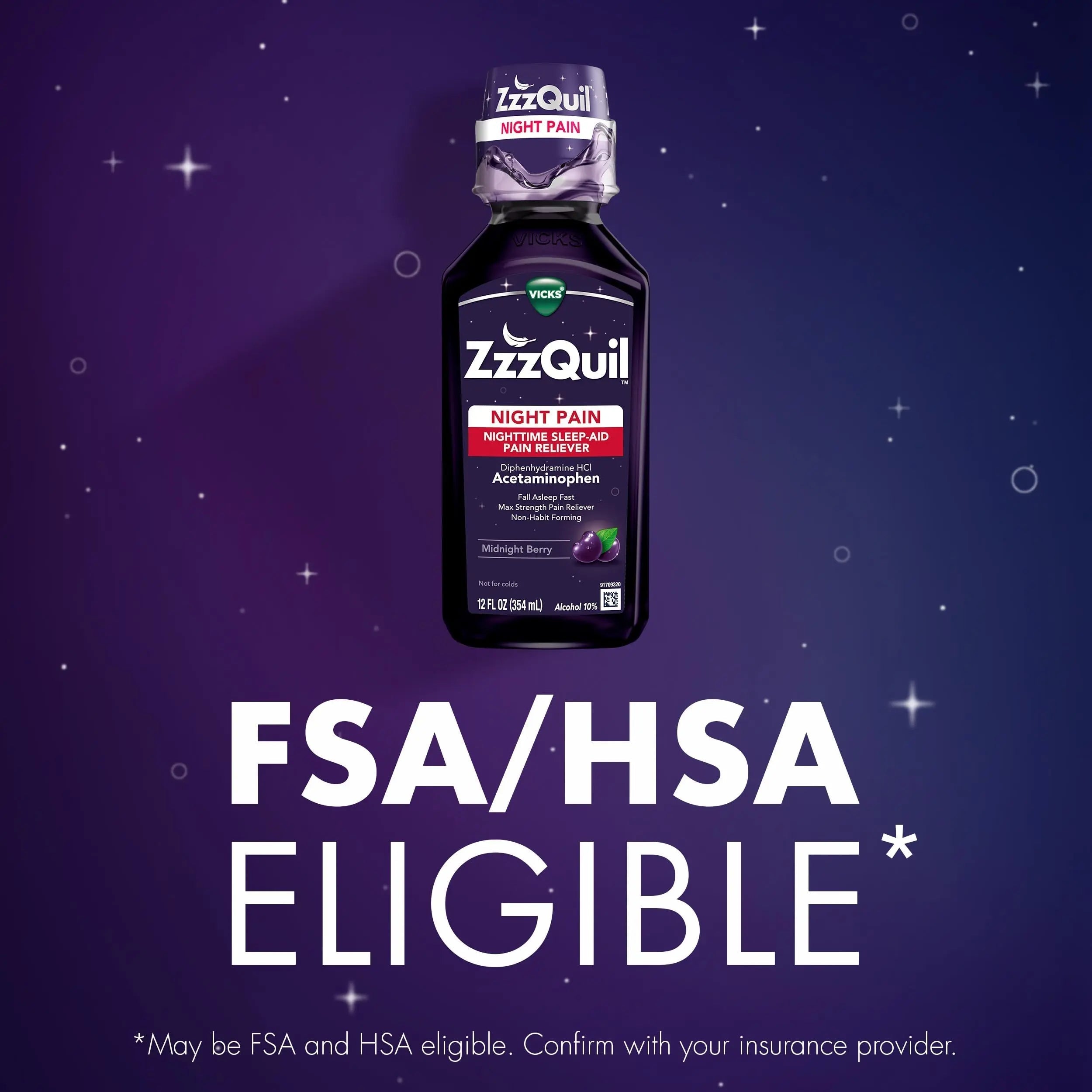 ZzzQuil Liquid, Max Strength Pain Reliever, Nighttime Sleep Aid Liquid, Acetaminophen 1000mg, Diphenhydramine 50mg HCI, Non-Habit Forming, Midnight Berry Flavored, 2 Pack, 24 FL OZ ZzzQuil buy supplements canada