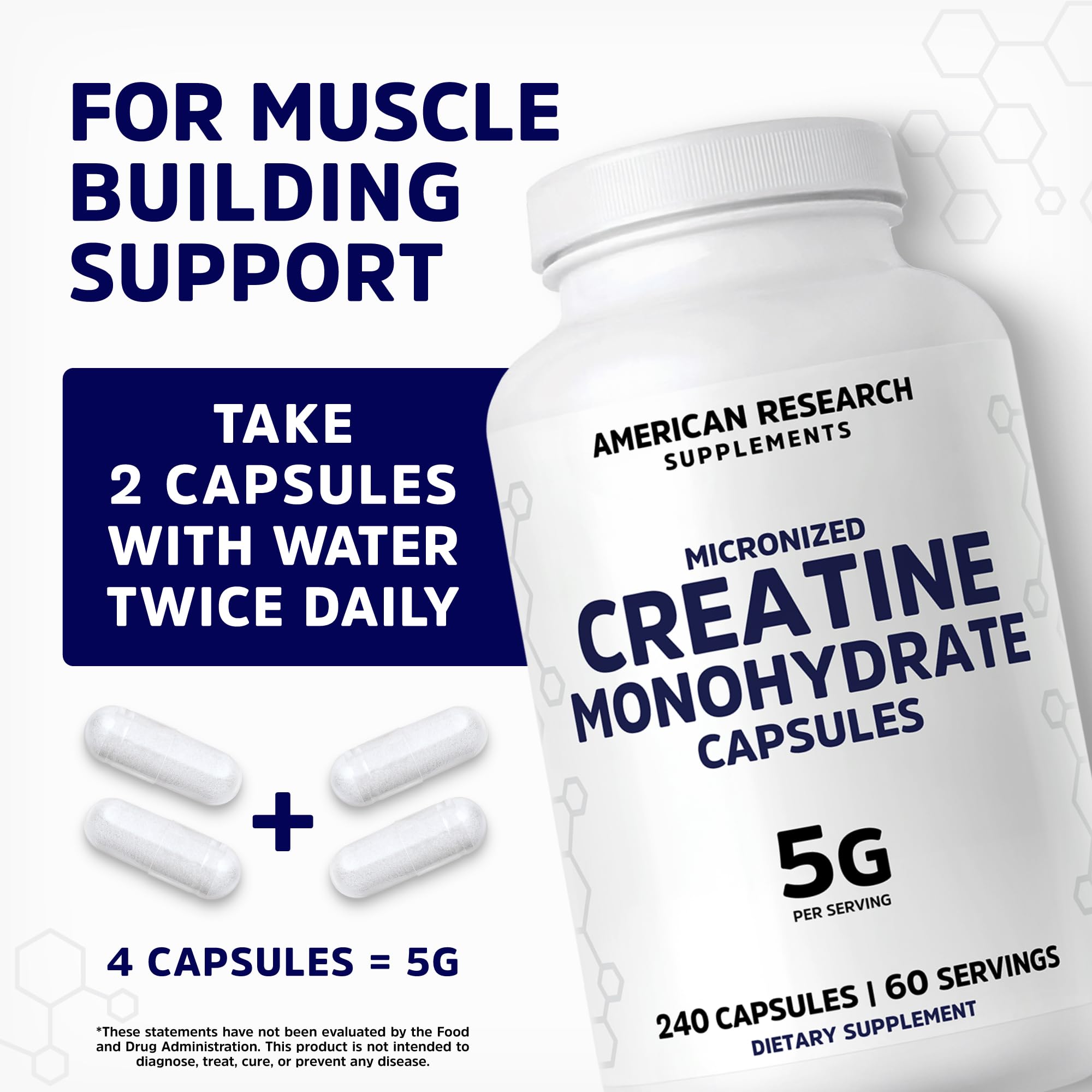 Creatine Monohydrate Capsules 5G | 60 Servings | Vegan | 4 Caps per Serving | Micronized Creatine Pills 5000mg | 240 Capsules | Creatine Pills For Men & Women American Research Supplements buy supplements canada