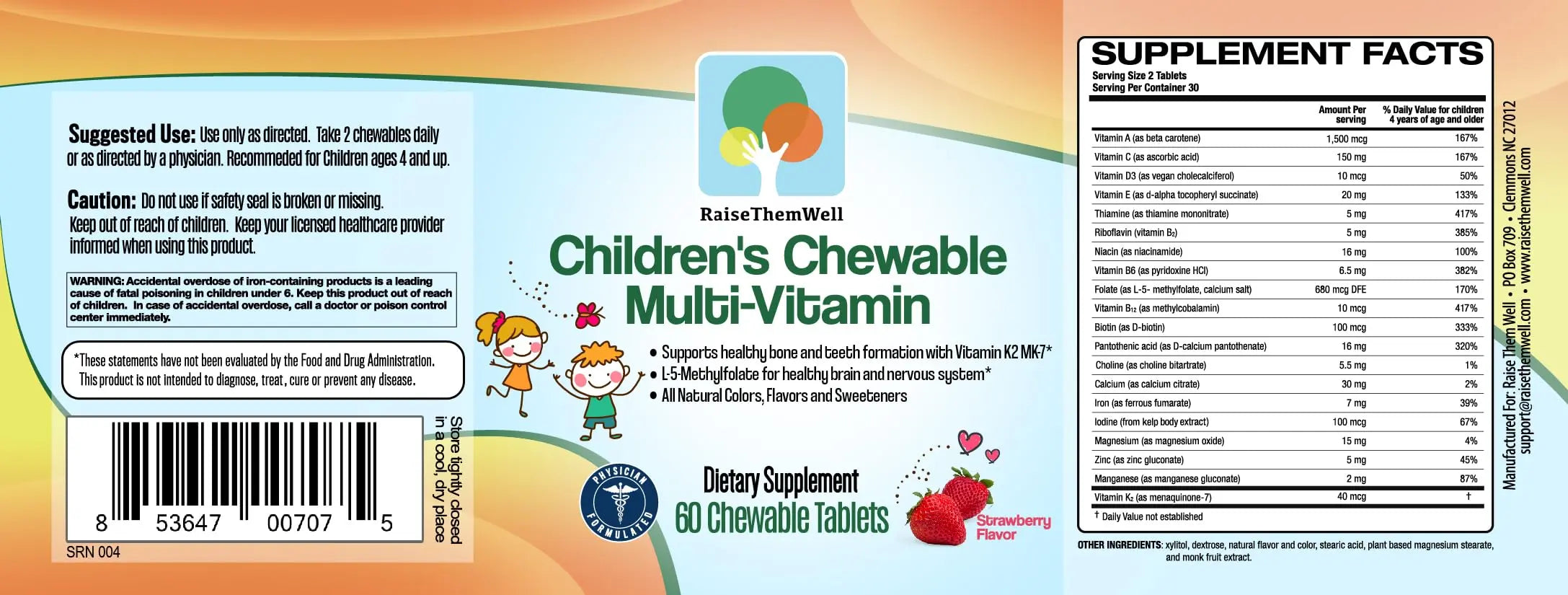 Raise Them Well Tasty Chewable Kids Multivitamin, All-Natural Colors, Flavors & Sweeteners, Daily Essential Vitamins for Children, Easy-to-Chew Vitamins, Strawberry Raise Them Well buy supplements canada