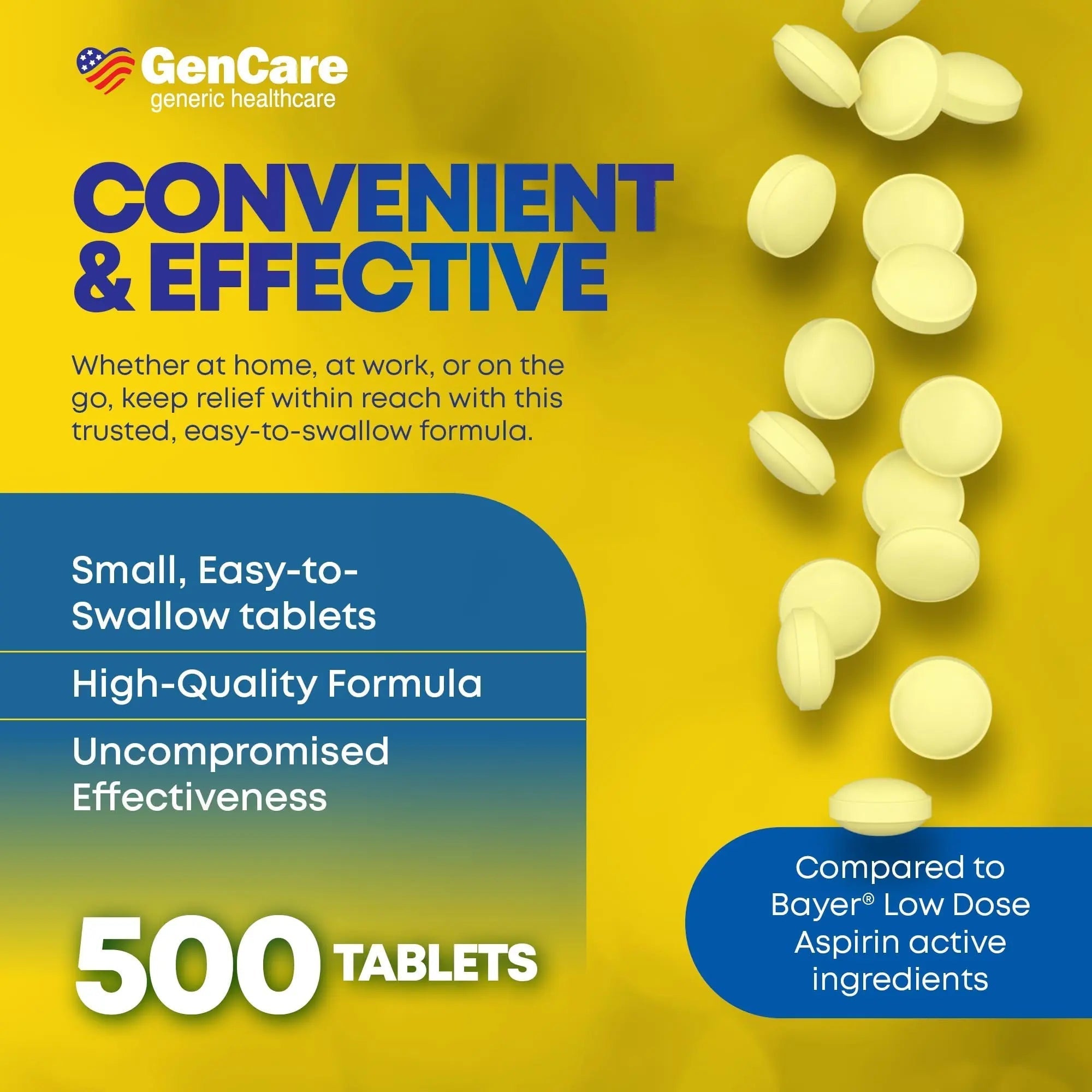 GenCare - Low Dose Aspirin 81mg for Adults Coated (NSAID) 500 Tablets | Adult Low Dose | Enteric Coated Aspirin Pills | Muscle Pain & Menstrual Pain Relief | Fever Reducer | Generic Bayer GenCare buy supplements canada