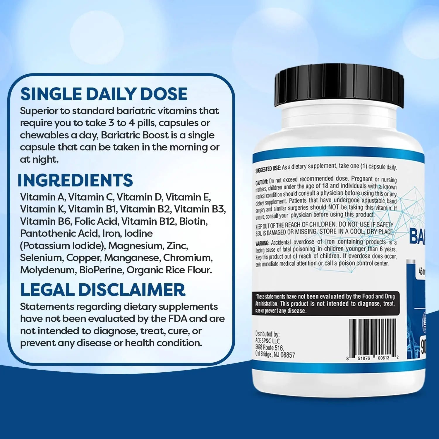 Bariatric Boost One-A-Day Multivitamin 90 Day Supply with 45mg Iron Post Gastric Bypass Sleeve Surgery | Non-GMO, Gluten Free, Bariatric Multivitamin Made in USA | ACE NUTRITION buy supplements canada