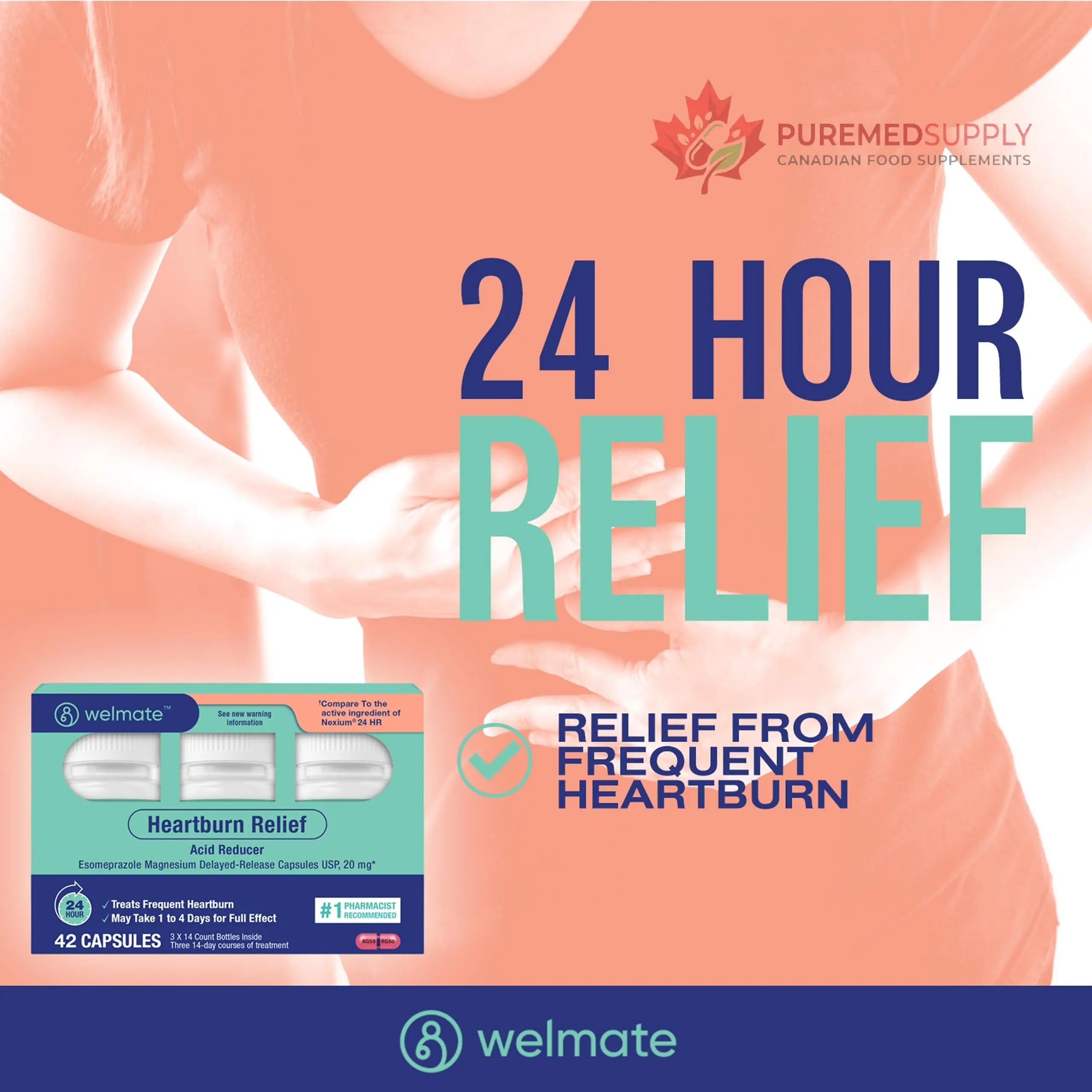 WELMATE Esomeprazole Magnesium 20mg Delayed Release Capsules, 84 Count (2-Pack) – Acid Reducer for Frequent Heartburn & Acid Reflux Relief, 24HR Protection, Digestion Support WELMATE buy supplements canada
