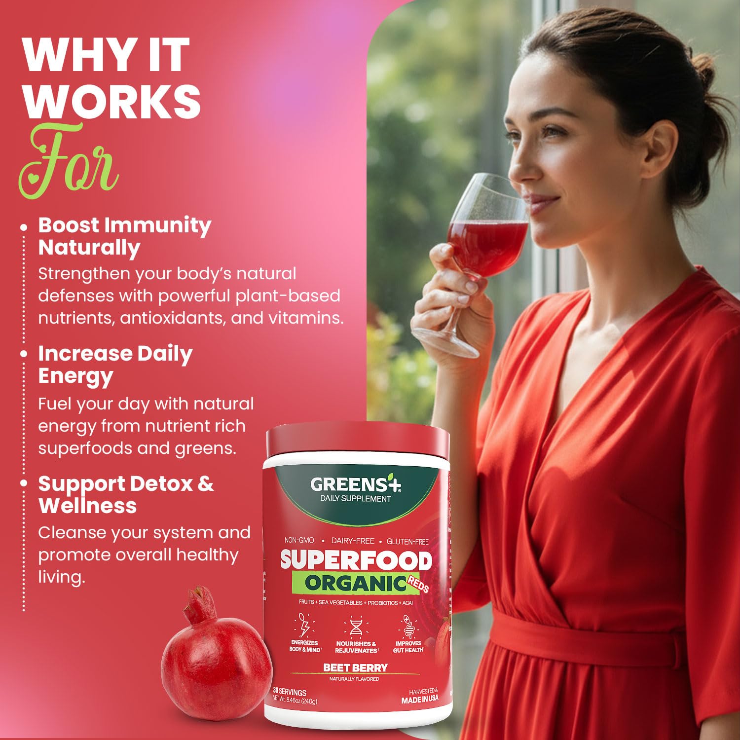 Greens+ Organic Reds Superfood Powder, Antioxidant, Polyphenol, Blend for Morning Kick, Energy, Vitality Boost, Nutrition, Vibrant Health, Vegan Soy/Dairy/Gluten Free(8.46oz) Greens+ buy supplements canada