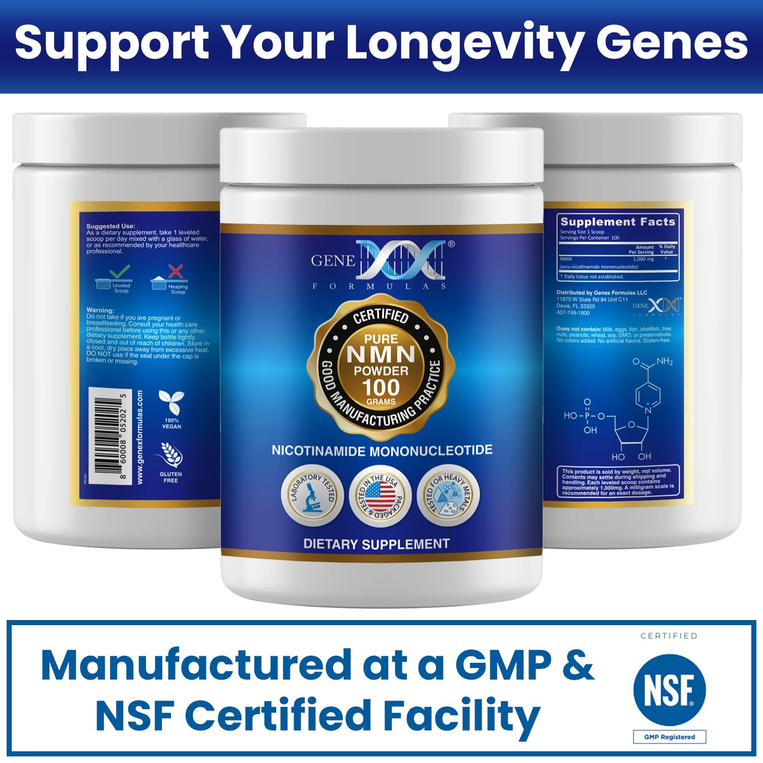 Genex Formulas Pure NMN Powder 100 Grams, Instant Dissolve, Shelf Stable, Non-Synthetic, PVP Free, Ultra-Low Density, 99.9% Pure NMN, Made in a US-Based, GMP, NSF & FSSC 22000 Certified Facility Genex Formulas buy supplements canada
