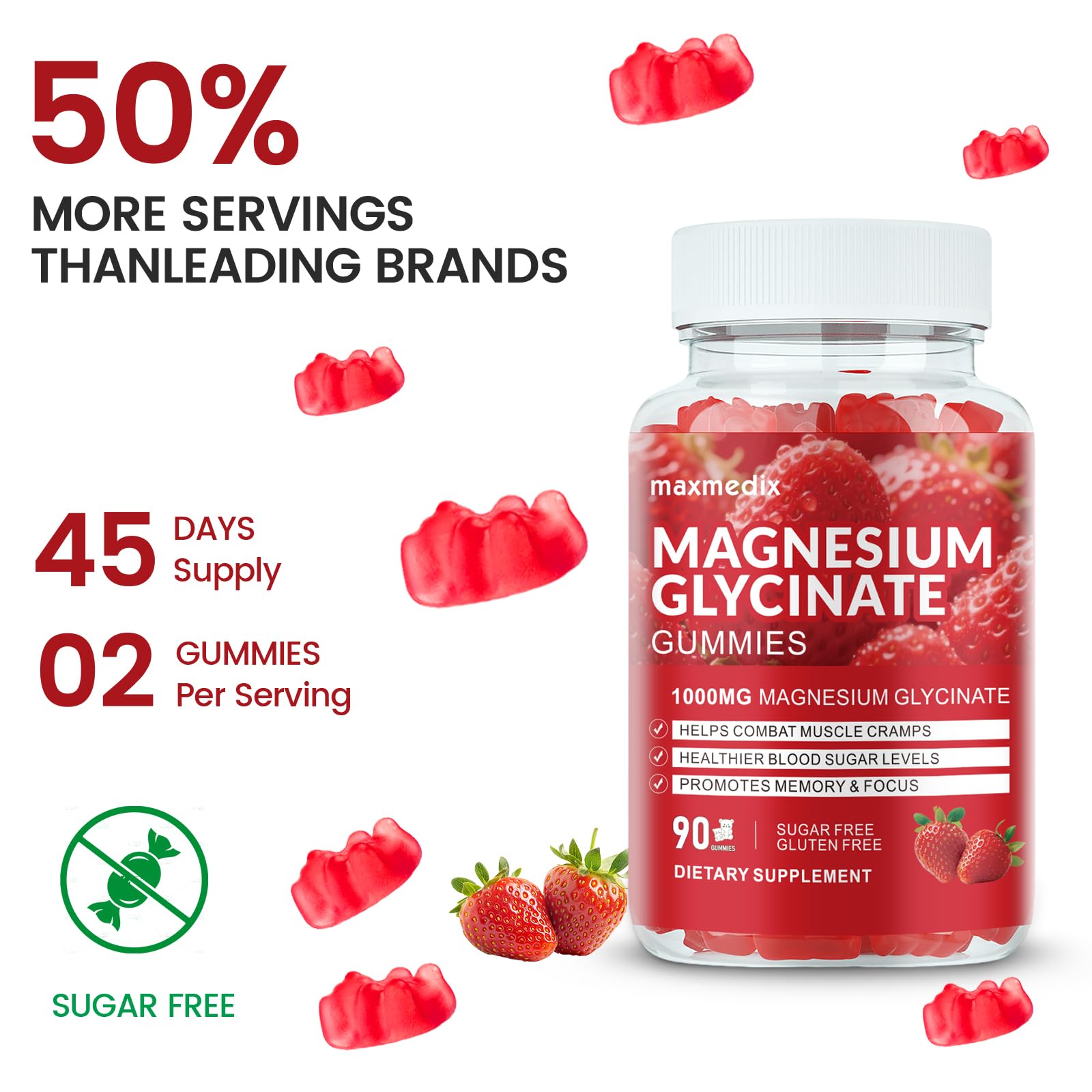 Magnesium Glycinate Gummies 1000mg, Sugar Free Magnesium Potassium Supplements Chewable for Adults with L-Threonate for Sleep, Body Support and Relaxation,90 Strawberry Gummies maxmedix buy supplements canada