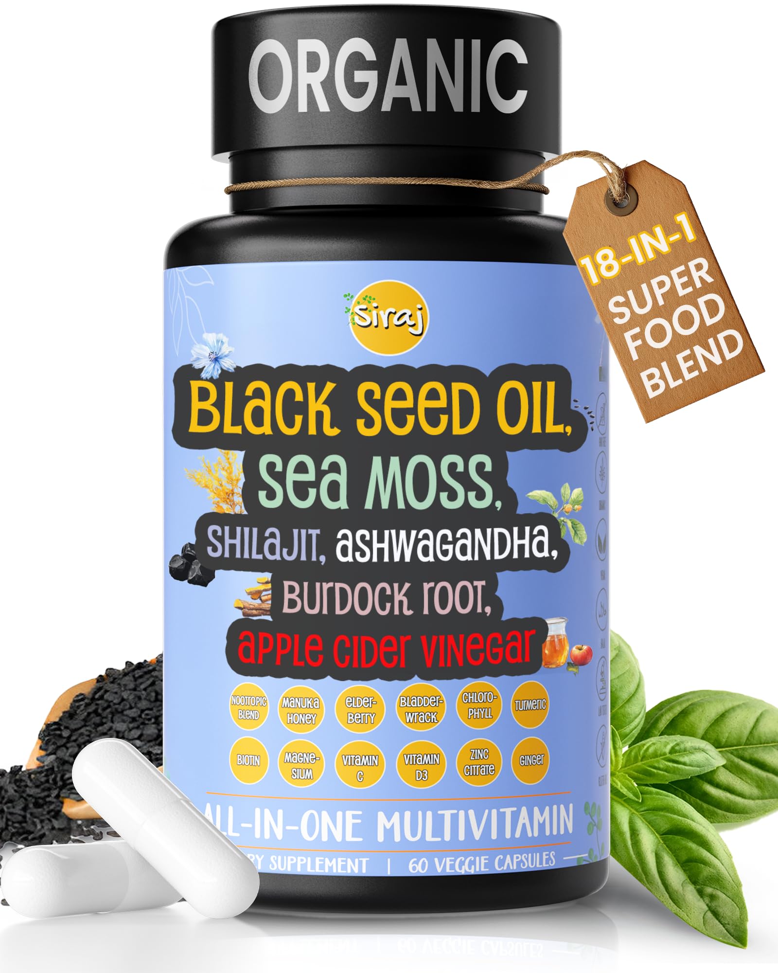 Siraj 18-in-1 Superfood Multivitamin - Irish Sea Moss, Black Seed Oil, Shilajit, Ashwagandha, 5% Thymoquinone, Burdock Root, Nootropic Supplement for Immunity, Focus, Energy and Mood - 60 Capsules Siraj buy supplements canada