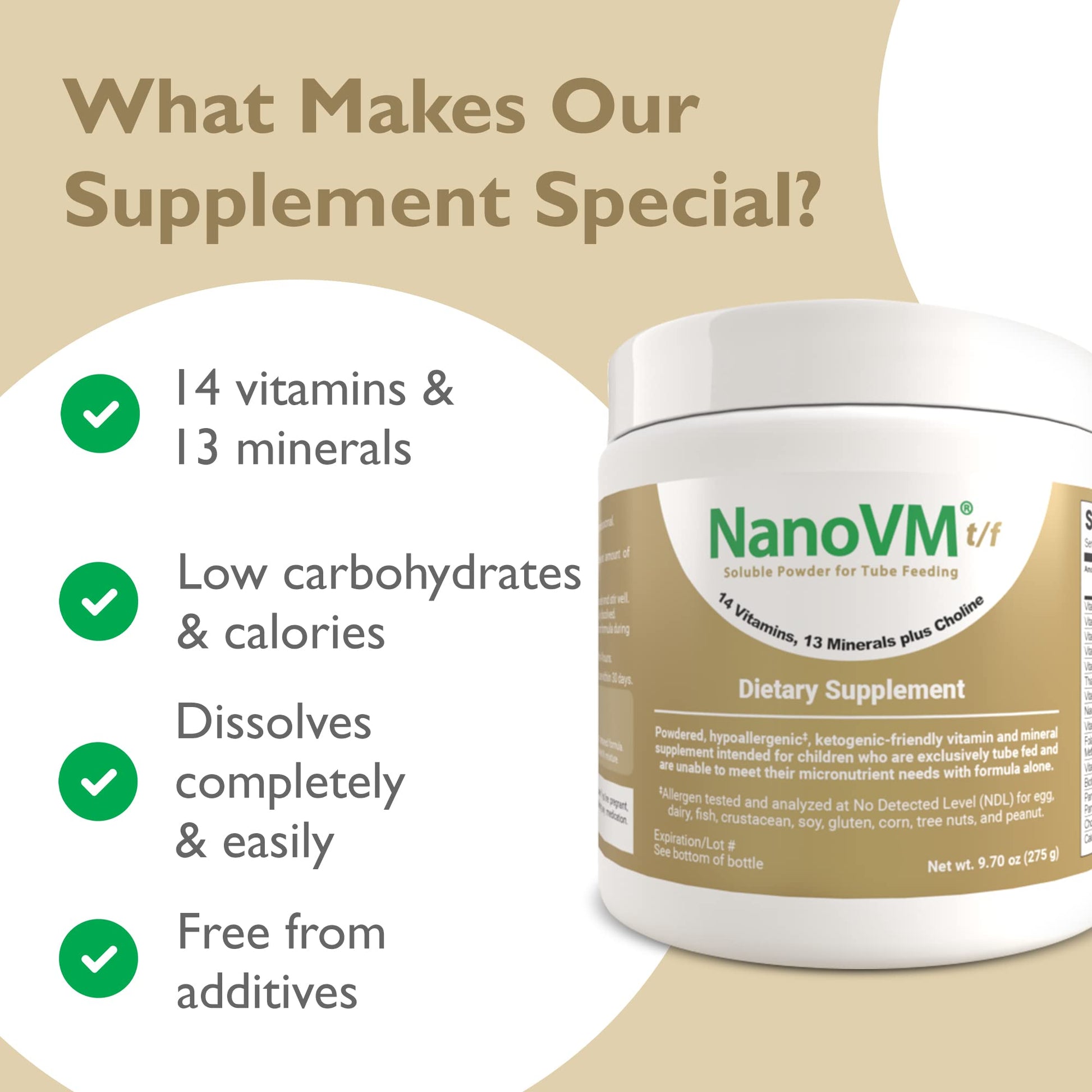 NanoVM t/f, Dietary Supplement for Tube Feeding, Allergen-Free Kids Multivitamin, Unflavored Vitamin Powder with 14 Vitamins & 13 Minerals, Low-Carb Kids Vitamins, 275g - Solace Nutrition NanoVM buy supplements canada