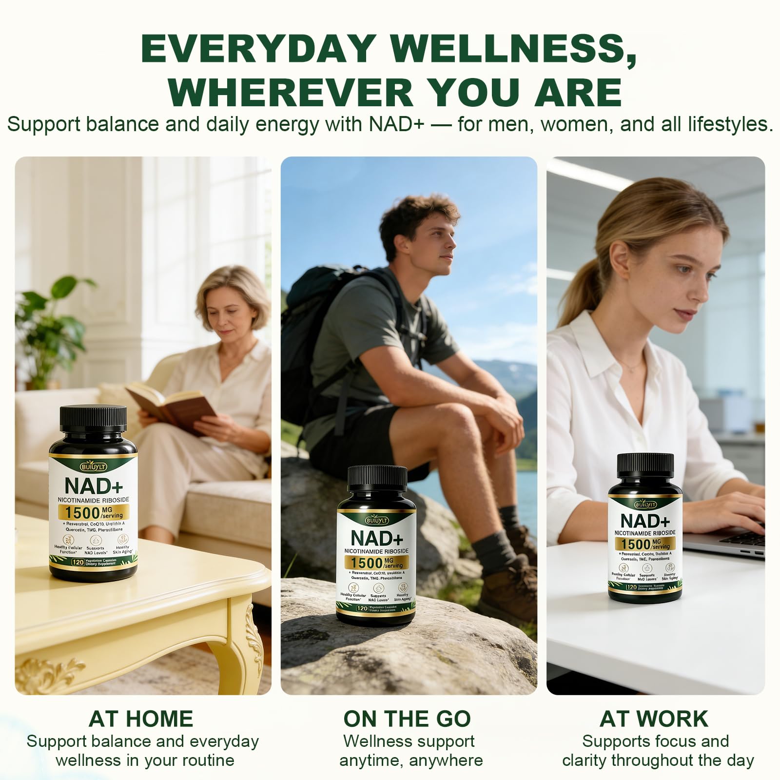 BUIUYLT NAD+ Supplement 1500mg, NR NMN Replacement with Resveratrol, Urolithin A, CoQ10 & Quercetin for Cellular Energy, Healthy Aging & Stamina for Women & Men - 120 Capsules BUIUYLT buy supplements canada