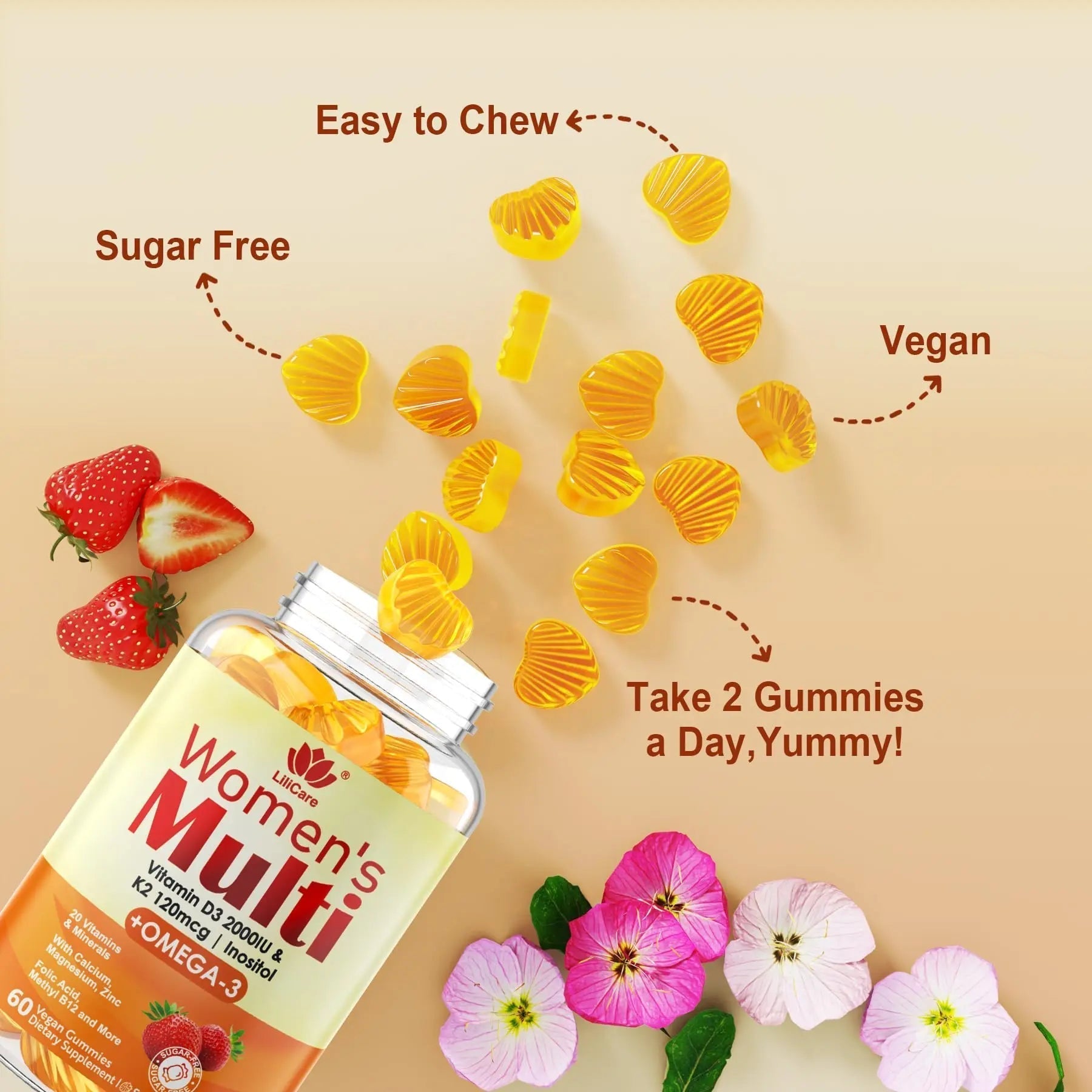 Womens Multivitamin Gummy with Omega 3（DHA/EPA), Vitamin D3 K2, Calcium, Inositol, Daily Womens Vitamin A C E B Complex LILICARE buy supplements canada