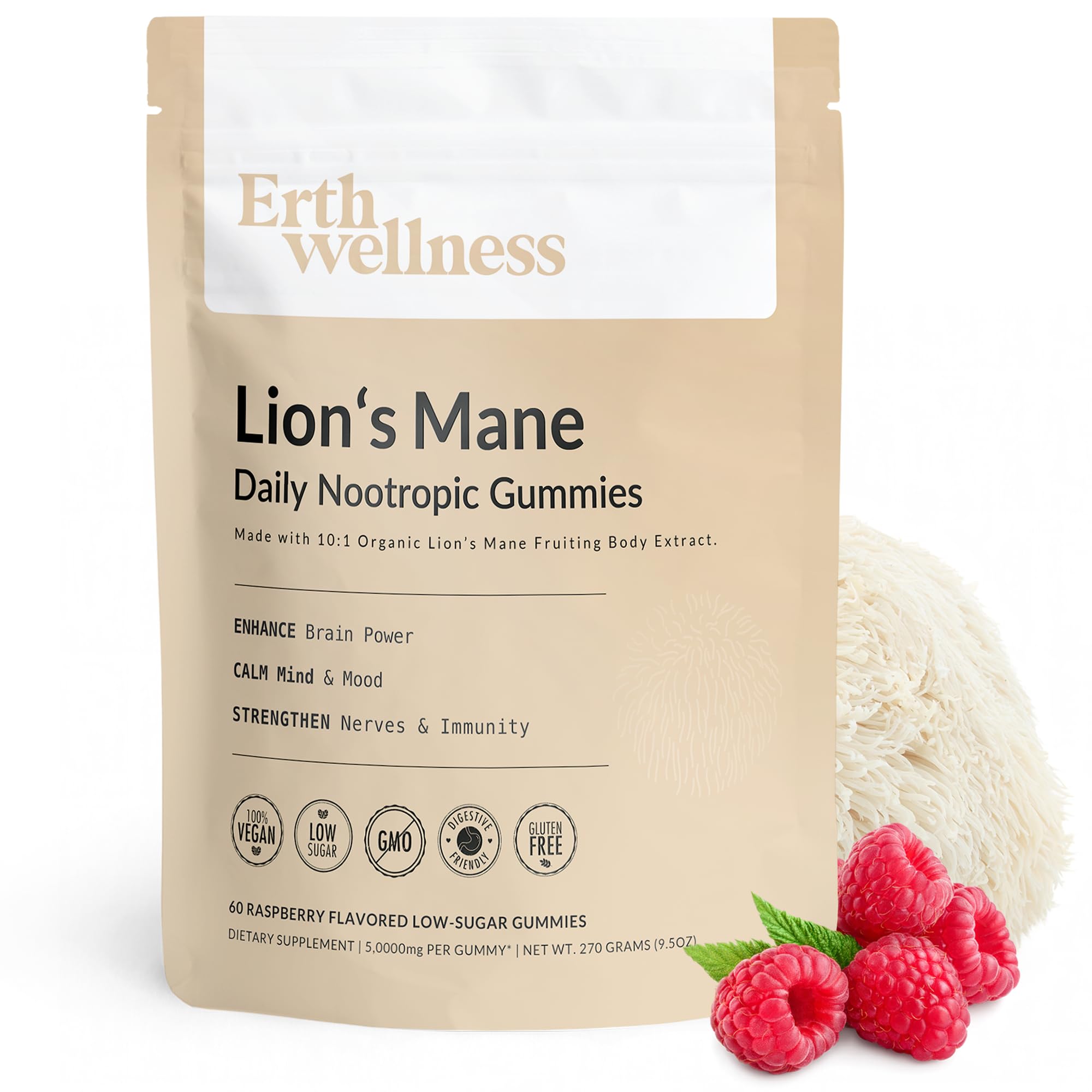 Erth Wellness Lion’s Mane Mushroom Gummies – 10,000mg Fruiting Body Extract per Serving – Brain & Focus Support – Daily Nootropic – Vegan, Low Sugar, Non-GMO – 60 Ct Erth Wellness buy supplements canada
