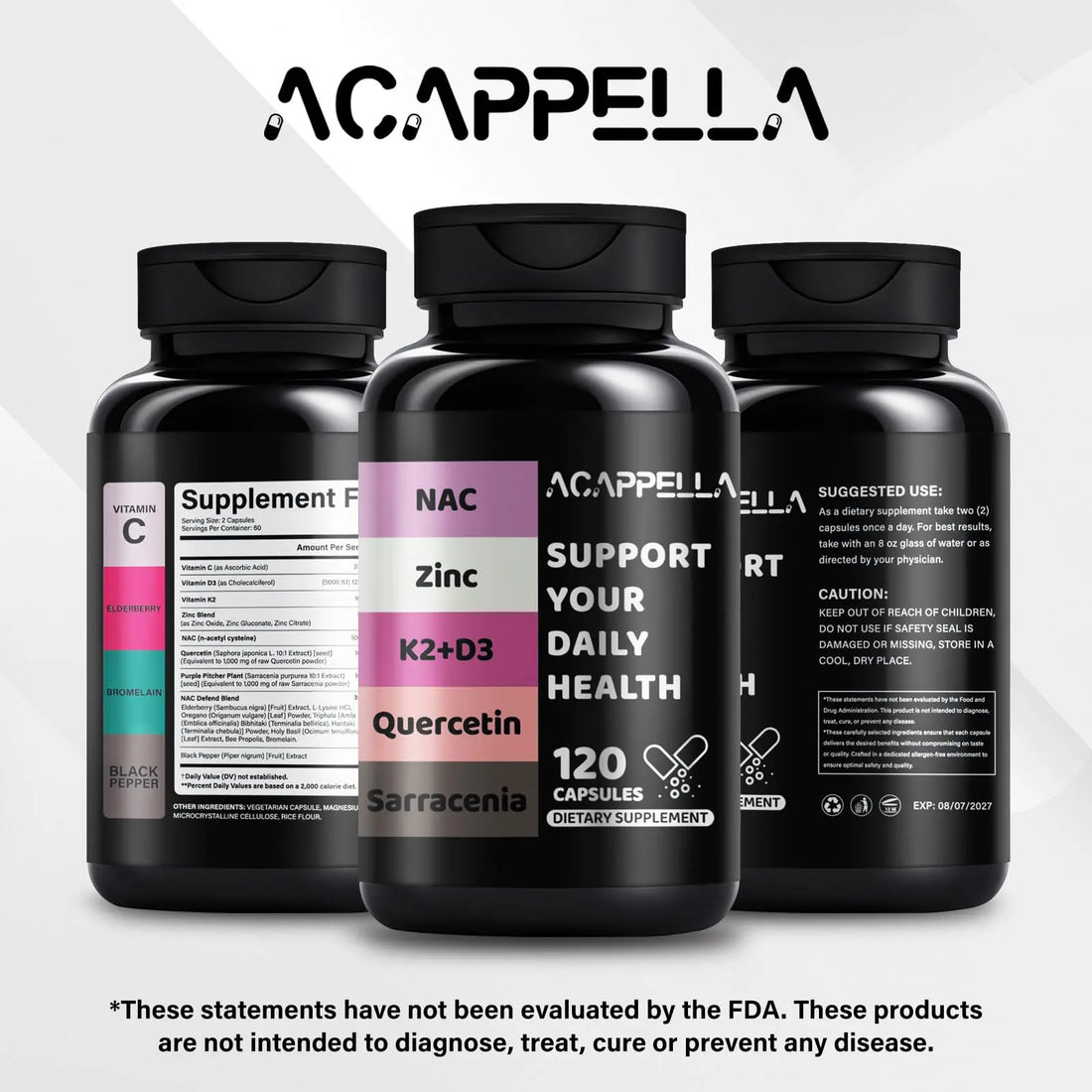 ACAPPELLA N-Acetyl Cysteine Vitamin D3 K2 Zinc Quercetin Sarracenia Purpurea NAC Supplement with Elderberry Holy Basil Bee Propolis Bromelain L-Lysin for Men & Women (1) ACAPPELLA buy supplements canada