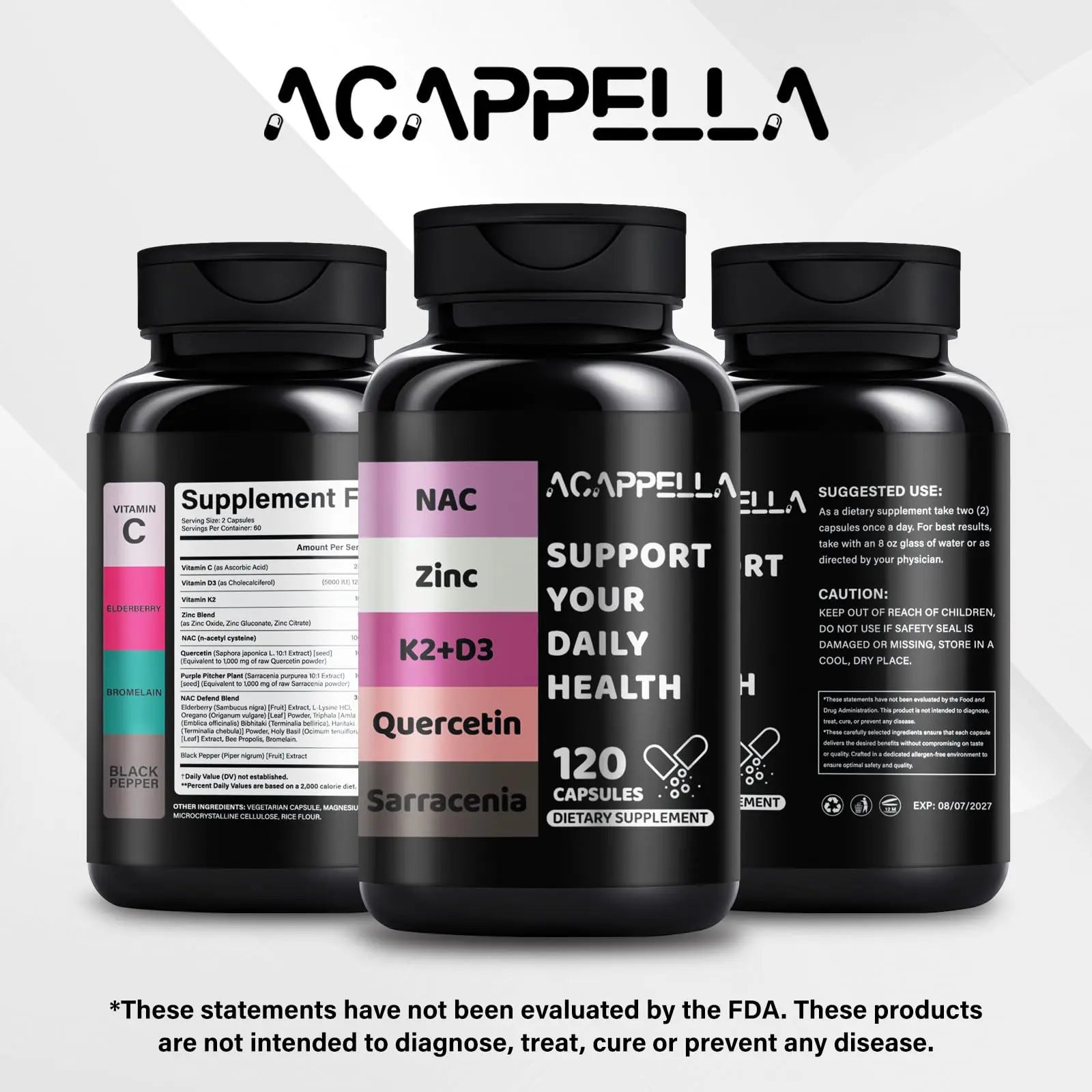 ACAPPELLA N-Acetyl Cysteine Vitamin D3 K2 Zinc Quercetin Sarracenia Purpurea NAC Supplement with Elderberry Holy Basil Bee Propolis Bromelain L-Lysin for Men & Women (1) ACAPPELLA buy supplements canada