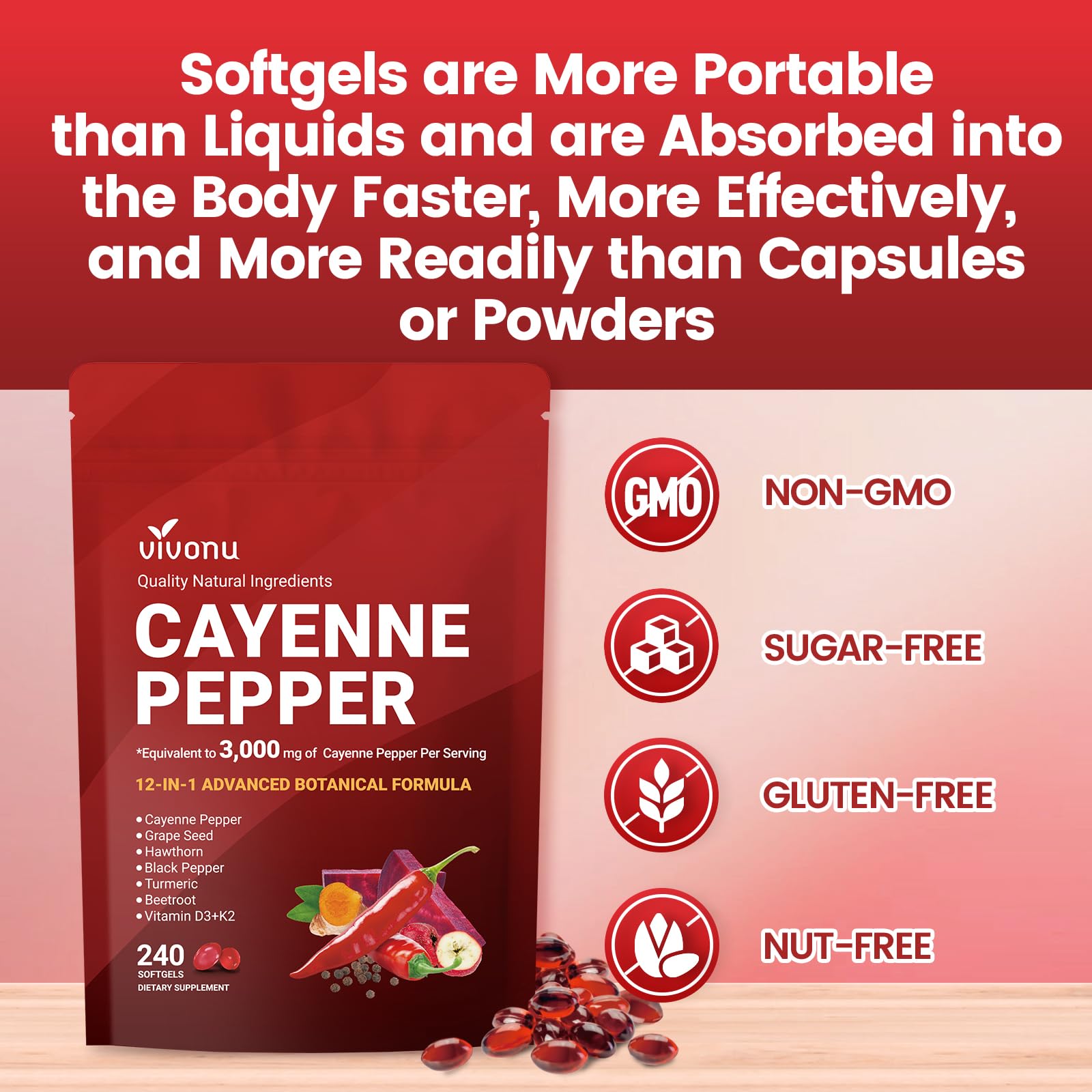 VivoNu Cayenne Pepper Softgels Supplement, Supports Leg Vein, Heart and Blood Vessel Health, with Vitamin E D3+K2 and Extracts of Grape Seed, Hawthorn VivoNu buy supplements canada