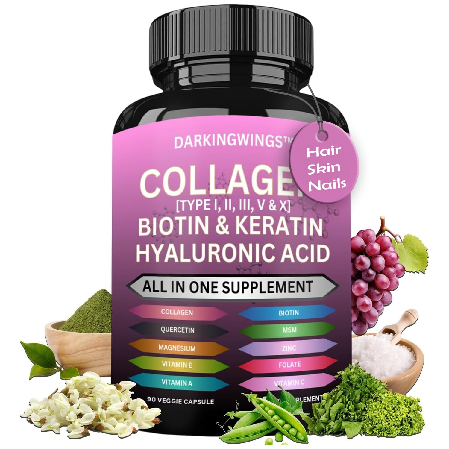 Multi Collagen Pills Peptides Types I, II, III, V & X MCG Biotin Keratin Hyaluronic Acid MSM Vitamin C Zinc Magnesium with Grape Seed Extract, Quercetin - Hair Skin and Nails Vitamins Capsule Darkingwings buy supplements canada