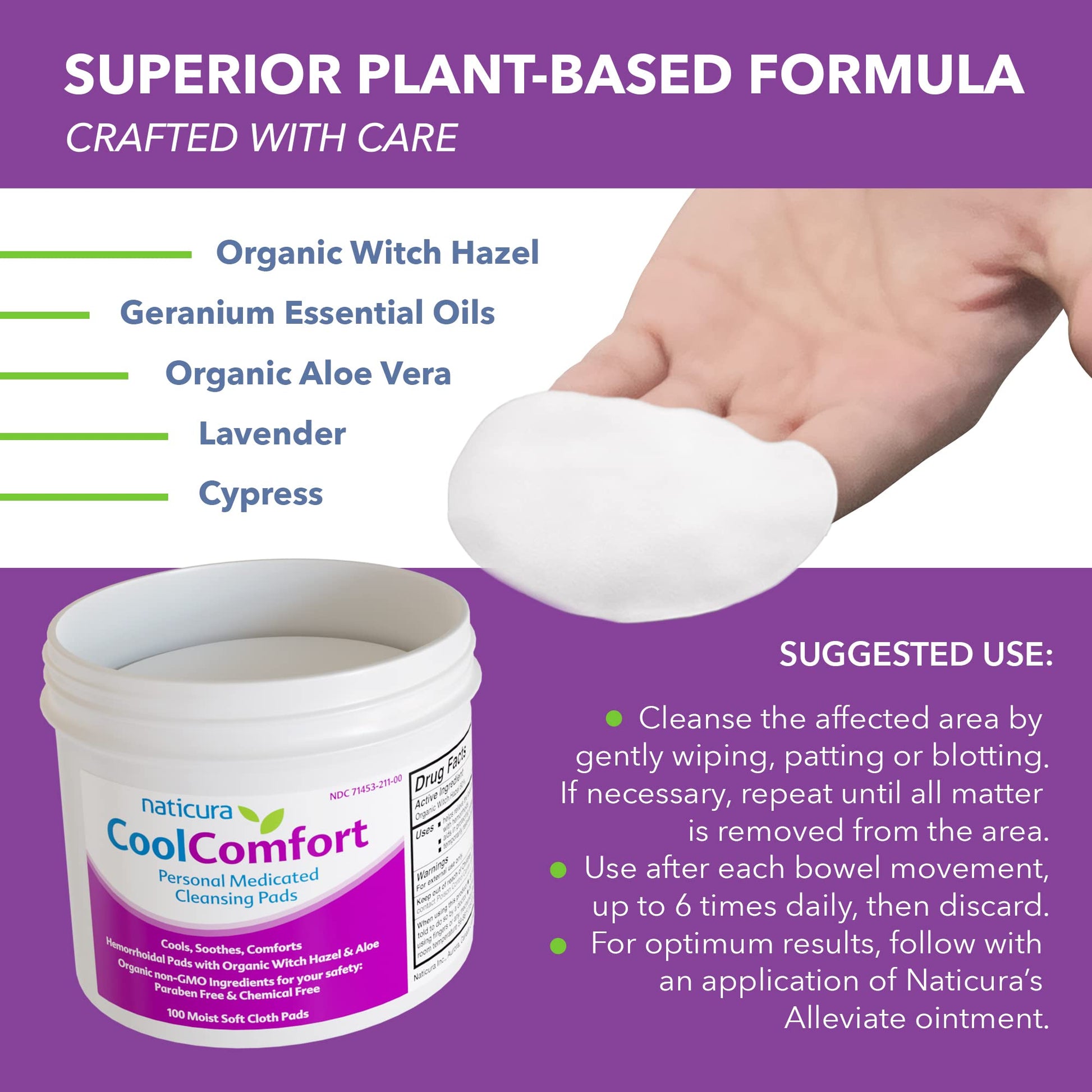 CoolComfort Personal Cleansing Pads with Organic Witch Hazel and Aloe Vera - All Natural and Fast Acting Wipes for Hemorrhoid Burning, Itching, Pain and Swelling - 100 Pads - No Parabens - Made in USA Naticura buy supplements canada