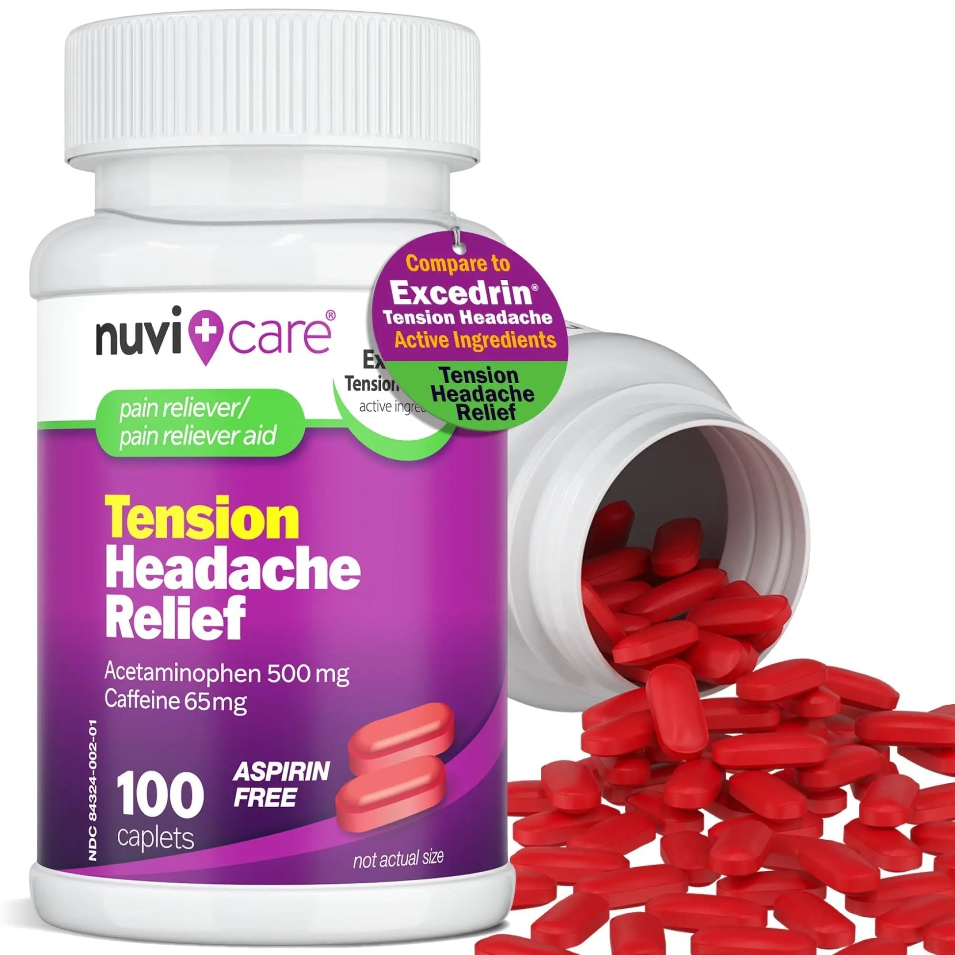 Nuvicare Tension Headache Relief Pills with 500mg Acetaminophen and 65mg Caffeine - Non Aspirin Pain Reliever Aid - Compare to Active Ingredient in Aspirin Free Excedrin Tension Headache (100 Caplets) NUVICARE buy supplements canada