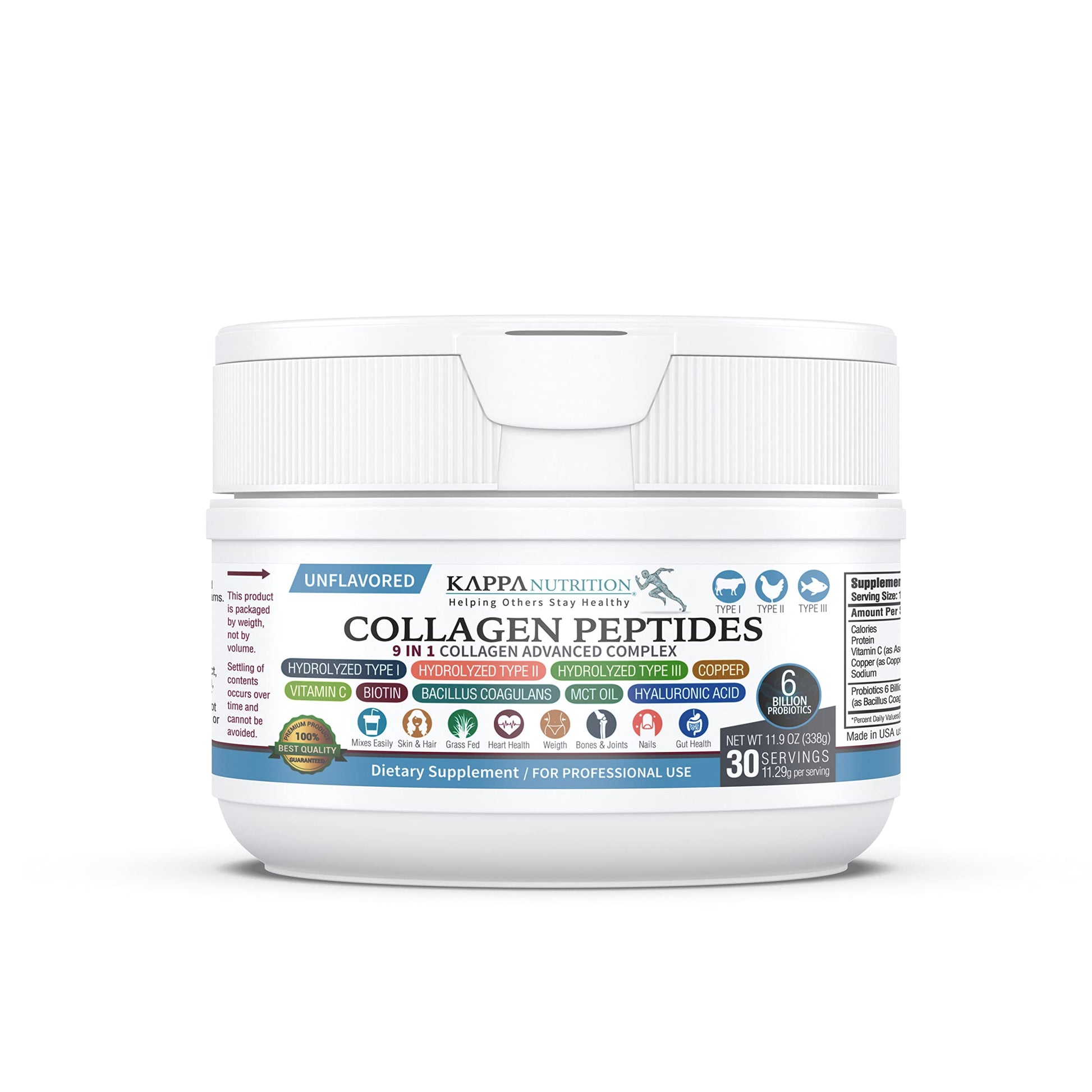 KAPPA NUTRITION Collagen Type I, II, III, 6 Billion Probiotic Acid Resistance, Hyaluronic Acid, Vitamin C, Biotin, Copper and MCT Oil, Beautiful Hair, Nails, & Skin, Collagen Peptides 9 in 1 (11.9oz) KAPPA NUTRITION buy supplements canada