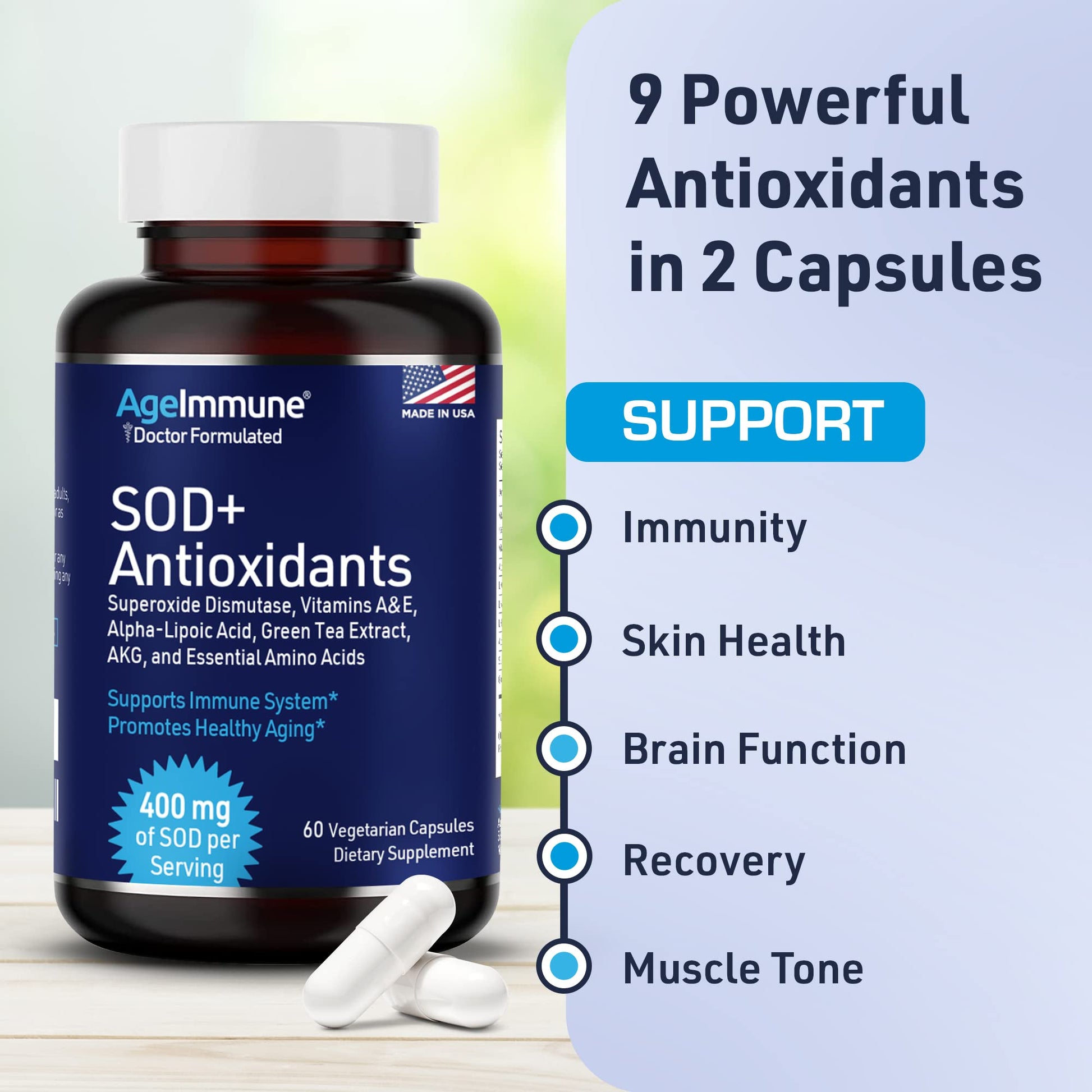 SOD Antioxidants Complex Healthy Aging Supplement - 400mg of Superoxide Dismutase - Alpha Lipoic Acid - L-Arginine -Lysine - AKG - Vitamin A - Vitamin E for Immune Support-60 Capsules AgeImmune buy supplements canada