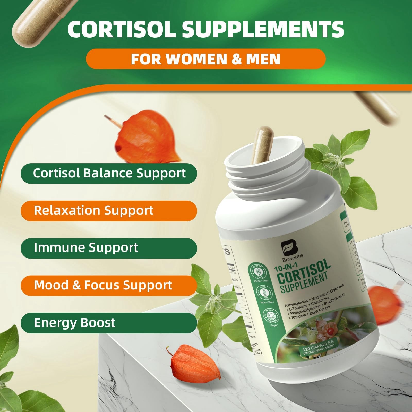 B BEWORTHS Cortisol Supplements for Women Men, 10-in-1 Cortisol Detox with Ashwagandha, Magnesium, L-Theanine, Balanced Cortisol Levels, Night & Calm Support, 120 Vegan Capsules B BEWORTHS buy supplements canada