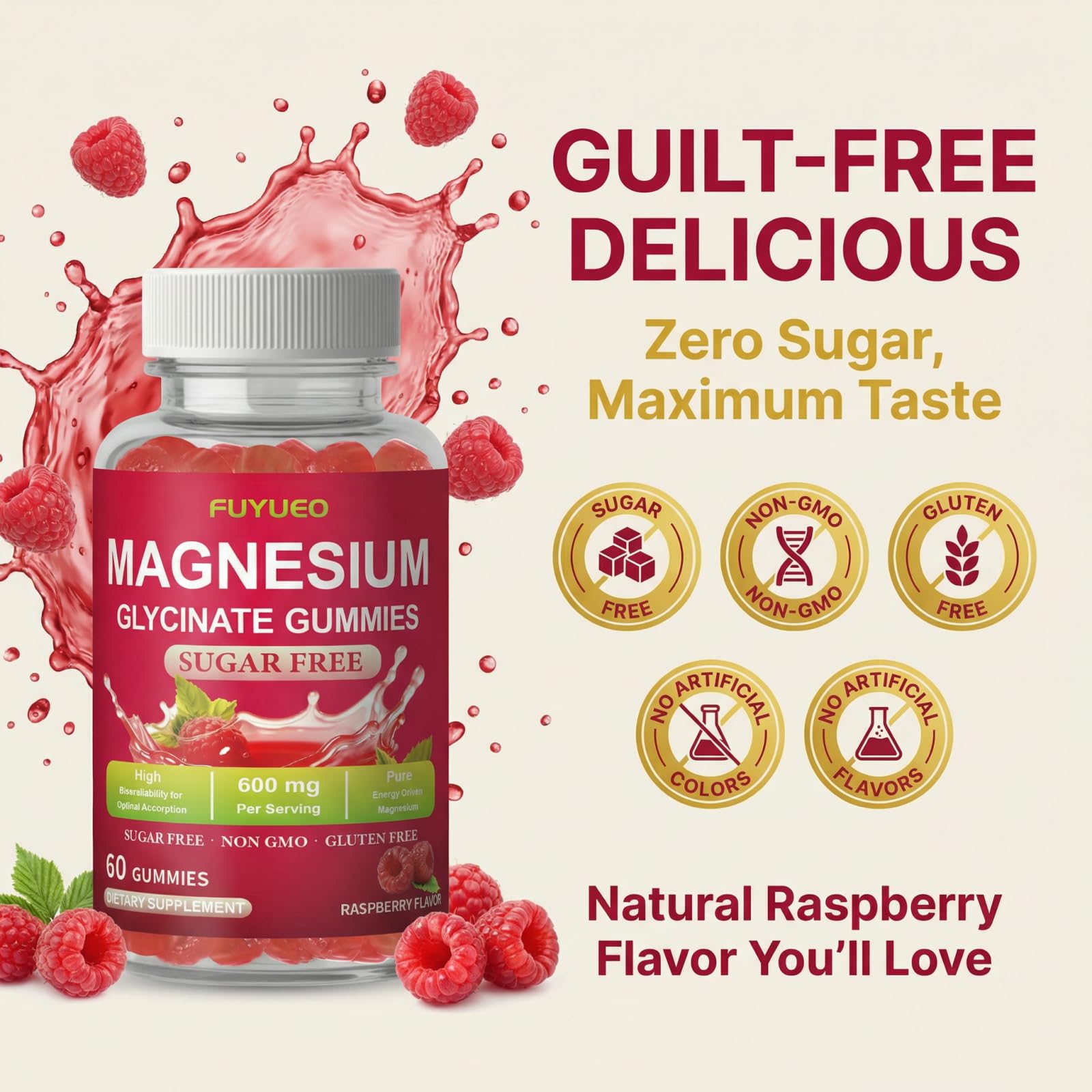 FUYUEO Magnesium Glycinate Gummies for Sleep & Relaxation, Sugar Free High Absorption Magnesium Supplement for Men & Women, Gentle on Stomach, Chewable, Raspberry, 60 Count (Pack of 1) FUYUEO buy supplements canada