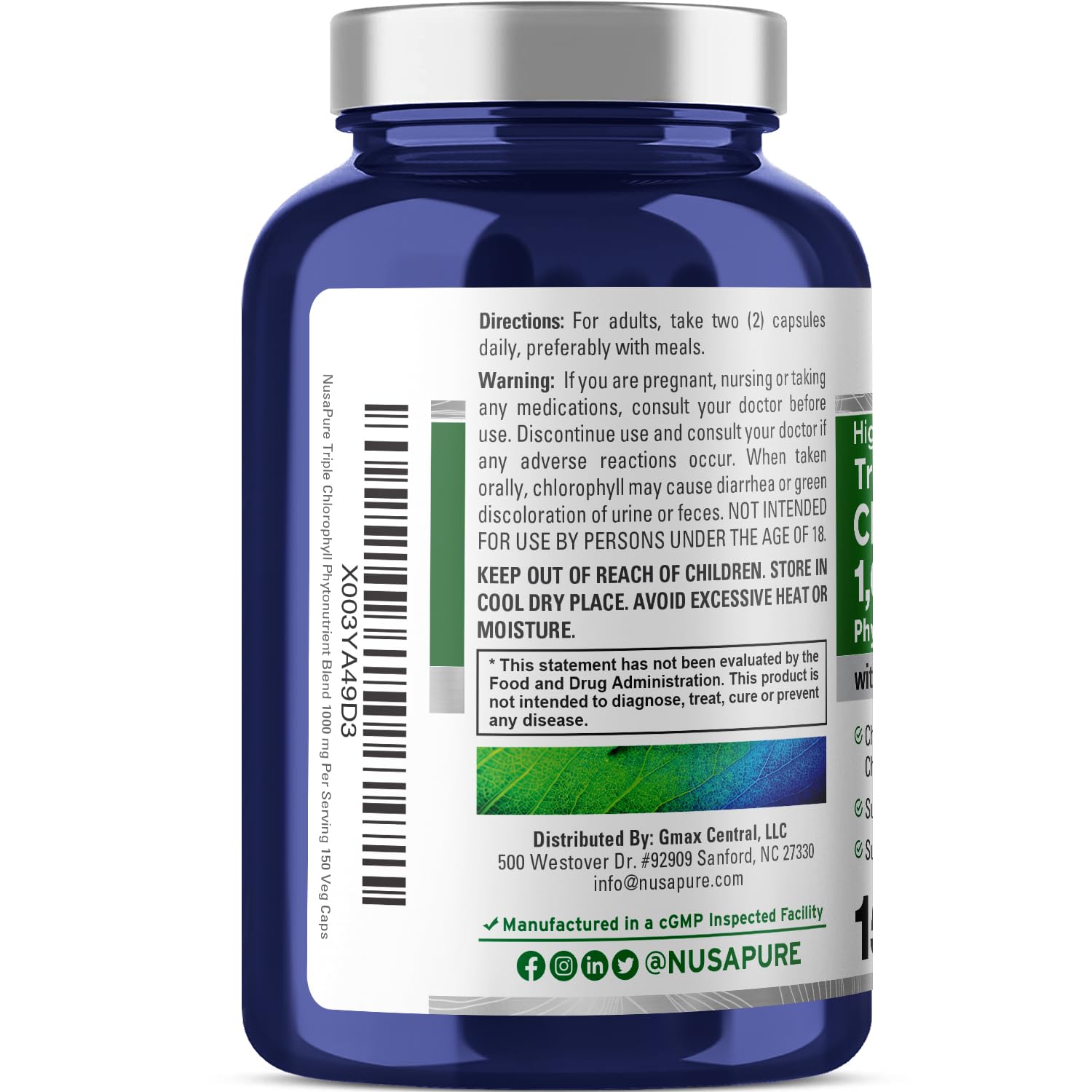 NusaPure High Absorption Triple Chlorophyll 1000 mg 150 Veg Caps Suitable for Vegetarians and Vegans, Non-GMO NusaPure buy supplements canada
