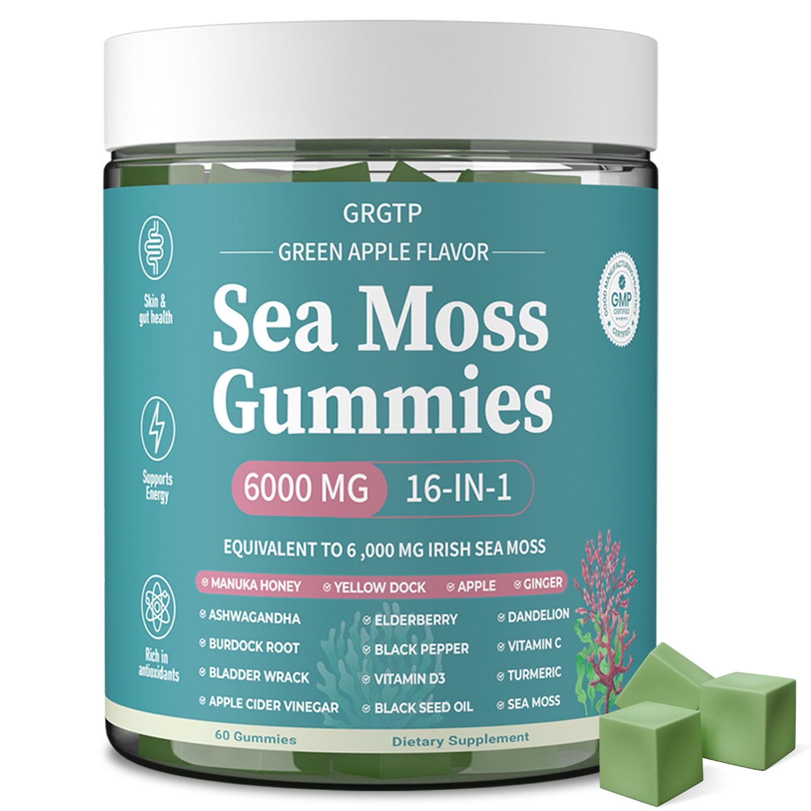 Sea Moss Gummies 16-in-1 - Ashwagandha Black Seed Oil Bladder Wrack Turmeric Vitamin C & D3 with Manuka Burdock Root Dandelion Yellow Dock Natural Detox & Liver Health Immune Support, Energy Boost GRGTP buy supplements canada