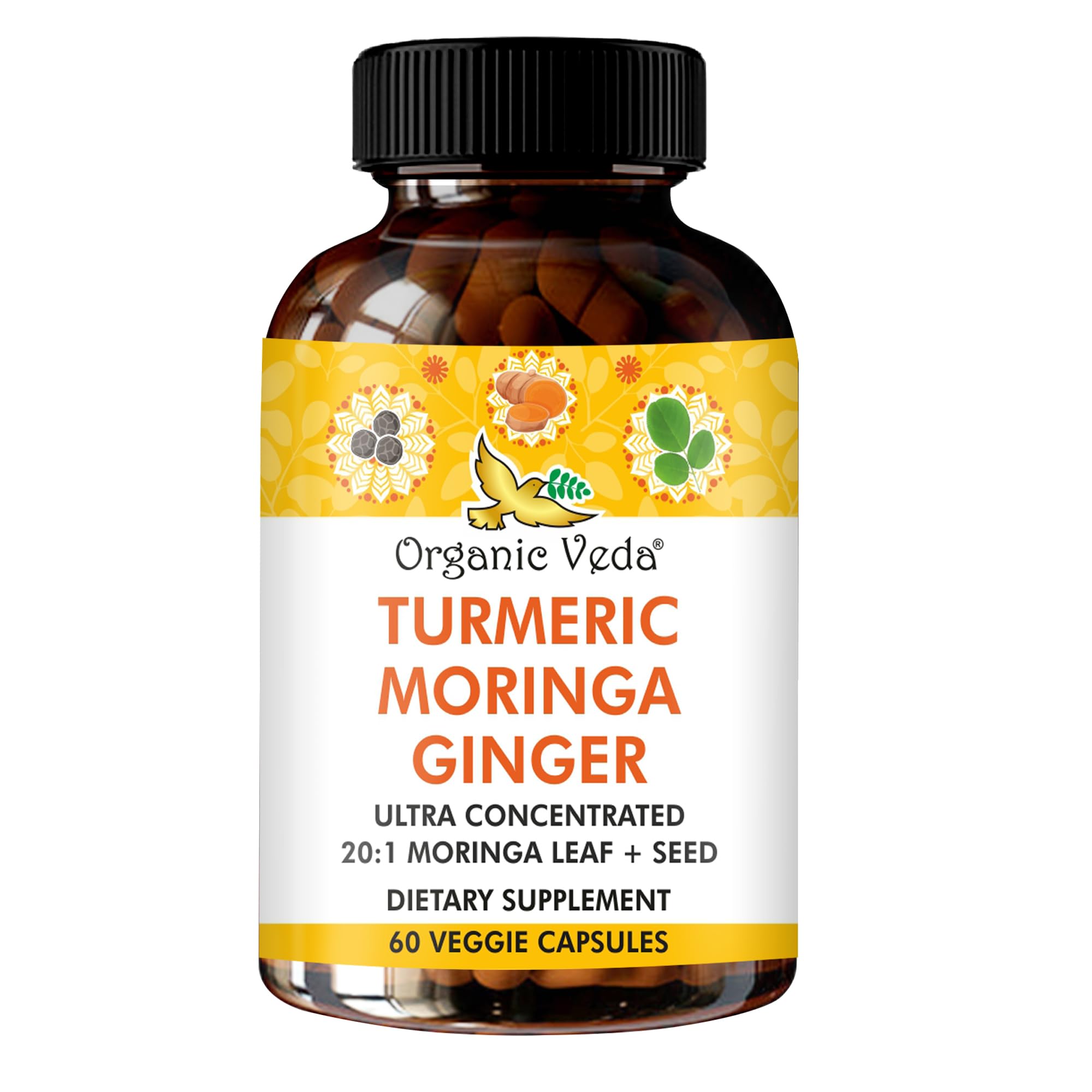 Organic Veda Turmeric Moringa Ginger Capsules - Super Antioxidants & Curcumin Supplement with 20:1 Moringa Leaf & Seed Extract, Black Pepper - Energy, Joints, Heart Health Support - 60 Vegan Pills Organic Veda buy supplements canada