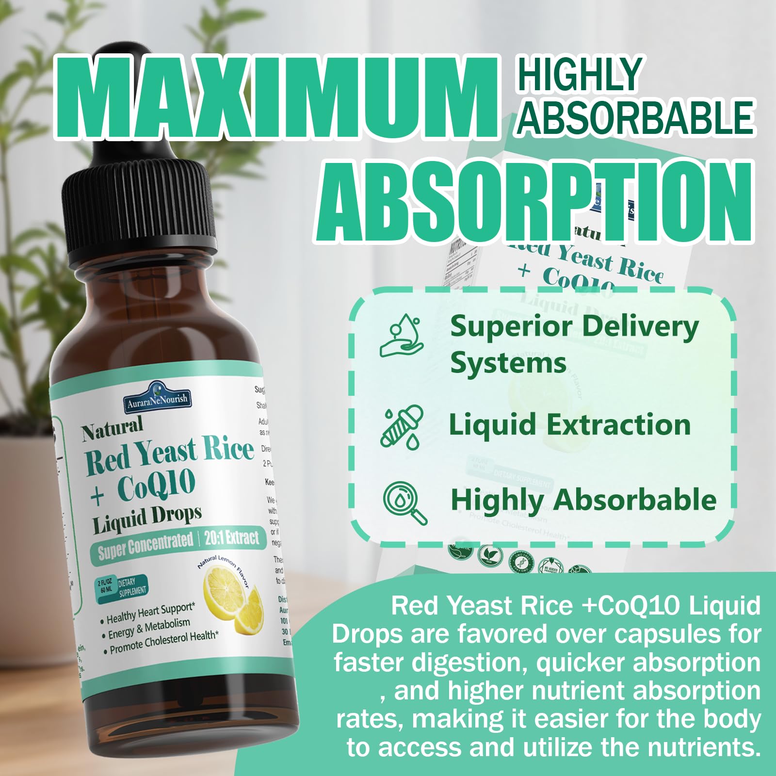 Liposomal Red Yeast Rice with Coq10 Liquid Drops, 5-in-1 Extra Strength 1200mg Cholesterol & Heart Support w. Citrus Bergamot Alpha Lipoic Acid | Cholesterol Lowering Supplement | GMO & Citrinin Free AuraraNeNourish buy supplements canada