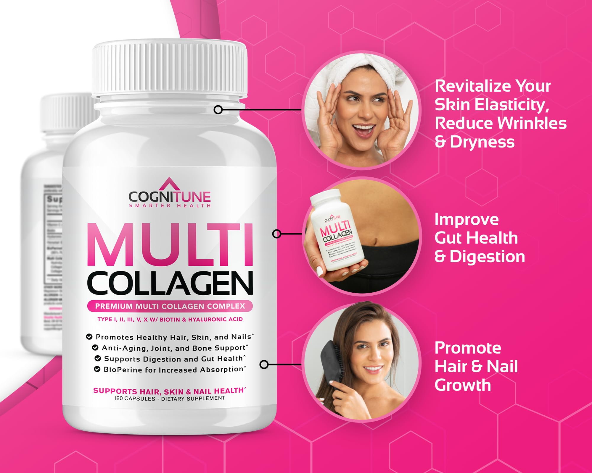 CogniTune Multi Collagen Peptides for Women with Biotin, Hyaluronic Acid, Vitamin C - 5 Types I II III V X Colageno Hidrolizado - 2000mg Hair Skin Nails Joints Support - 120 Capsules CogniTune buy supplements canada