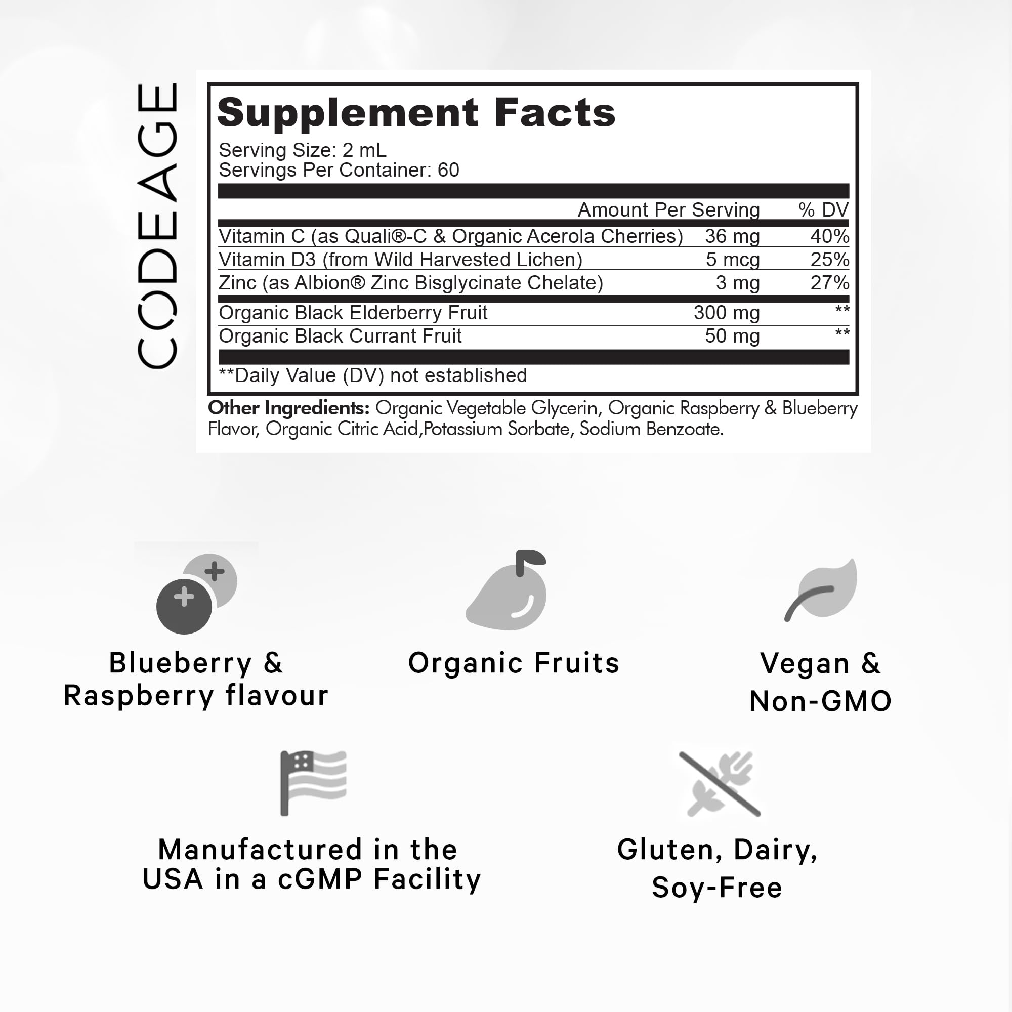 Codeage Elderberry Vitamins Pro - Organic Black Elderberry Liquid Drops - Vitamin C, D3, Zinc, Black Currant - 2-Month Supply - Black Sambucus Liquid - Supplement for Adults & Kids - 4 fl oz Codeage buy supplements canada