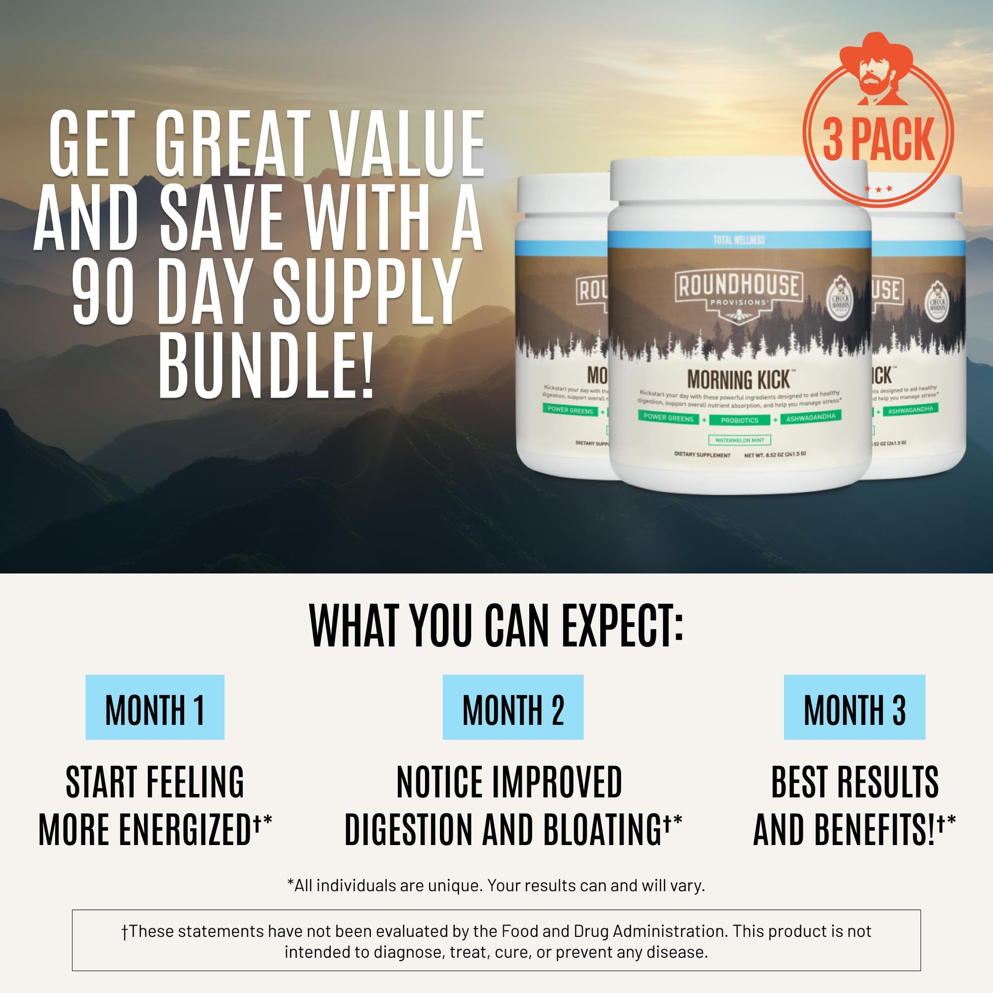 ROUNDHOUSE PROVISION Morning Kick by Chuck Norris - Watermelon Mint Flavor - Greens Superfood Powder with Probiotics, Collagen Peptides & Ashwagandha to Help Support Gut & Joint Health, 3 Pack ROUNDHOUSE PROVISION buy supplements canada