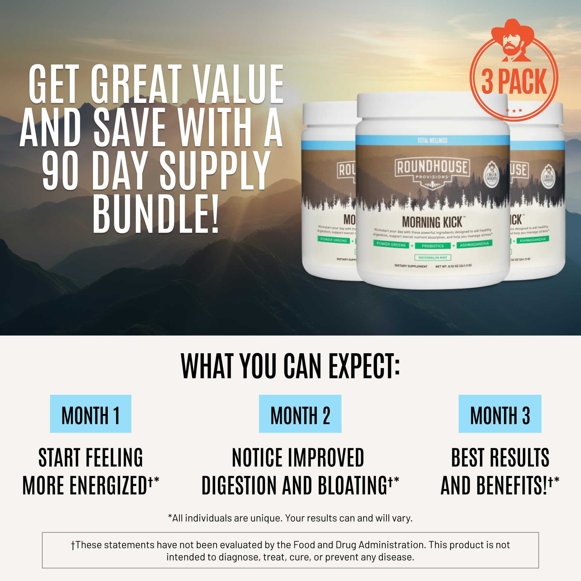 ROUNDHOUSE PROVISION Morning Kick by Chuck Norris - Watermelon Mint Flavor - Greens Superfood Powder with Probiotics, Collagen Peptides & Ashwagandha to Help Support Gut & Joint Health, 3 Pack ROUNDHOUSE PROVISION buy supplements canada