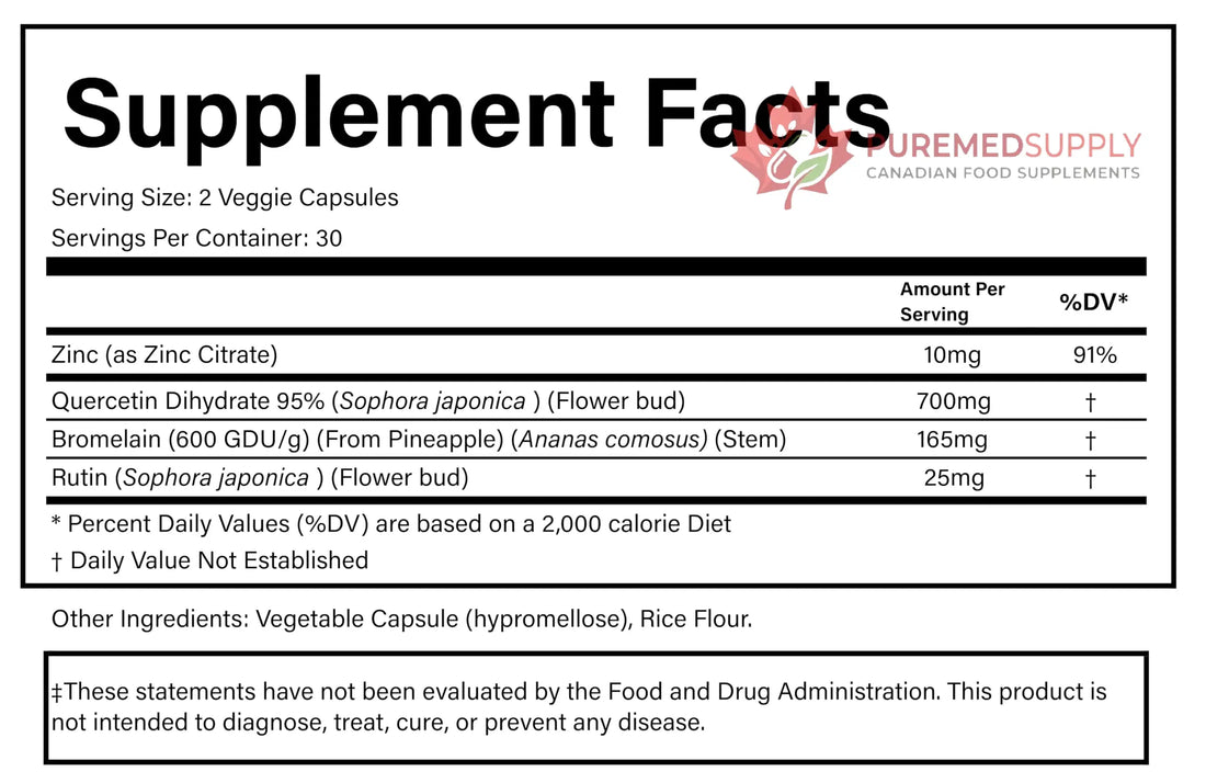 PURE® Quercetin+ with Zinc, Bromelain, Rutin Immune Shield - 60 Capsules - High Bioavailability Antioxidant Complex for Respiratory Health & Viral Defense - Made in USA PURE buy supplements canada