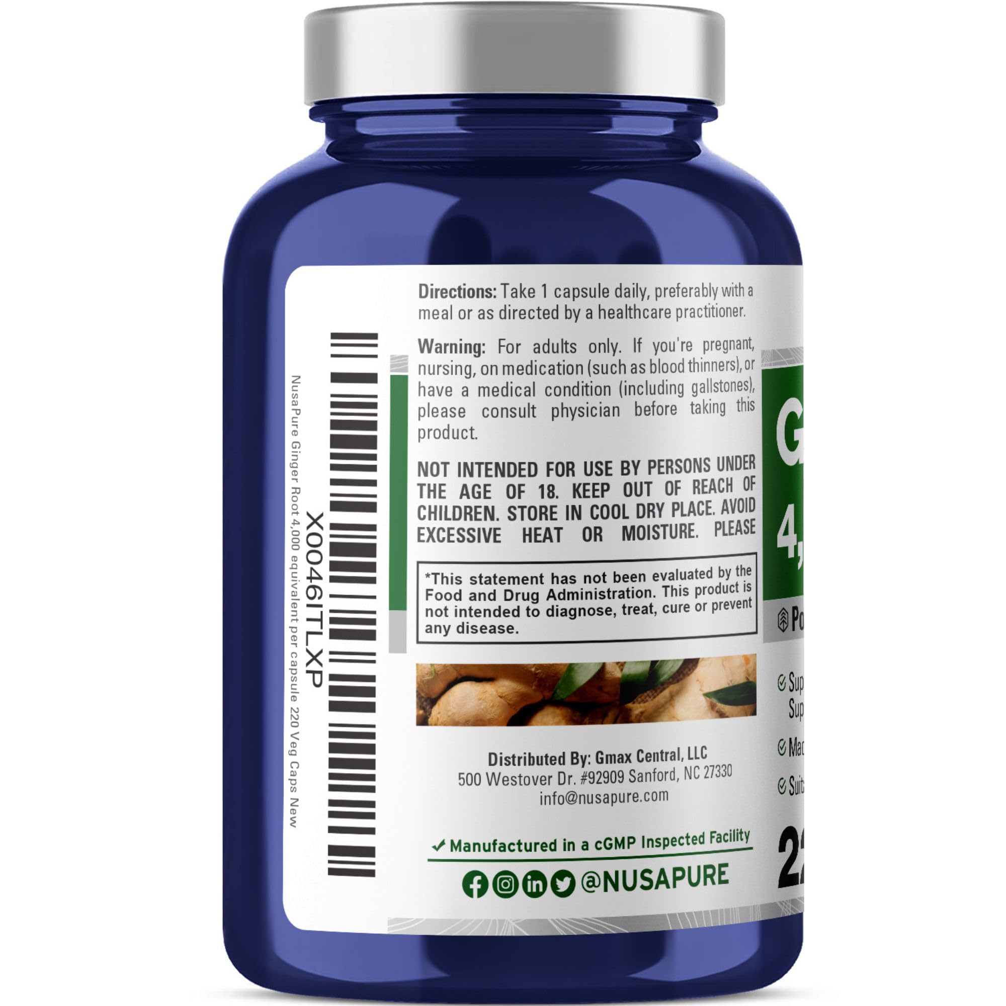 NusaPure Ginger Root Capsules 20:1 Extract, 200 mg Equivalent to 4,000mg per Veggie Caps | 220 Count | Non-GMO & Vegan NusaPure buy supplements canada