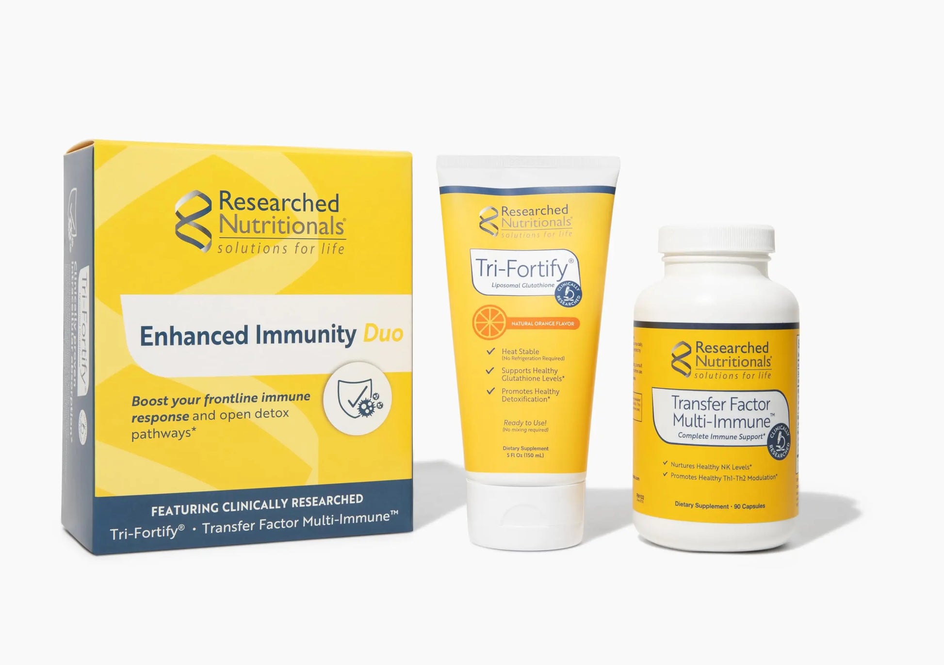 Researched Nutritionals Liposomal Glutathione (450mg) + Colostrum & Mushrooms Supplement for Immune Support - Enhanced Immunity Duo - Tri-Fortify Orange + Transfer Factor Multi-Immune (2 Piece Set) Researched Nutritionals buy supplements canada
